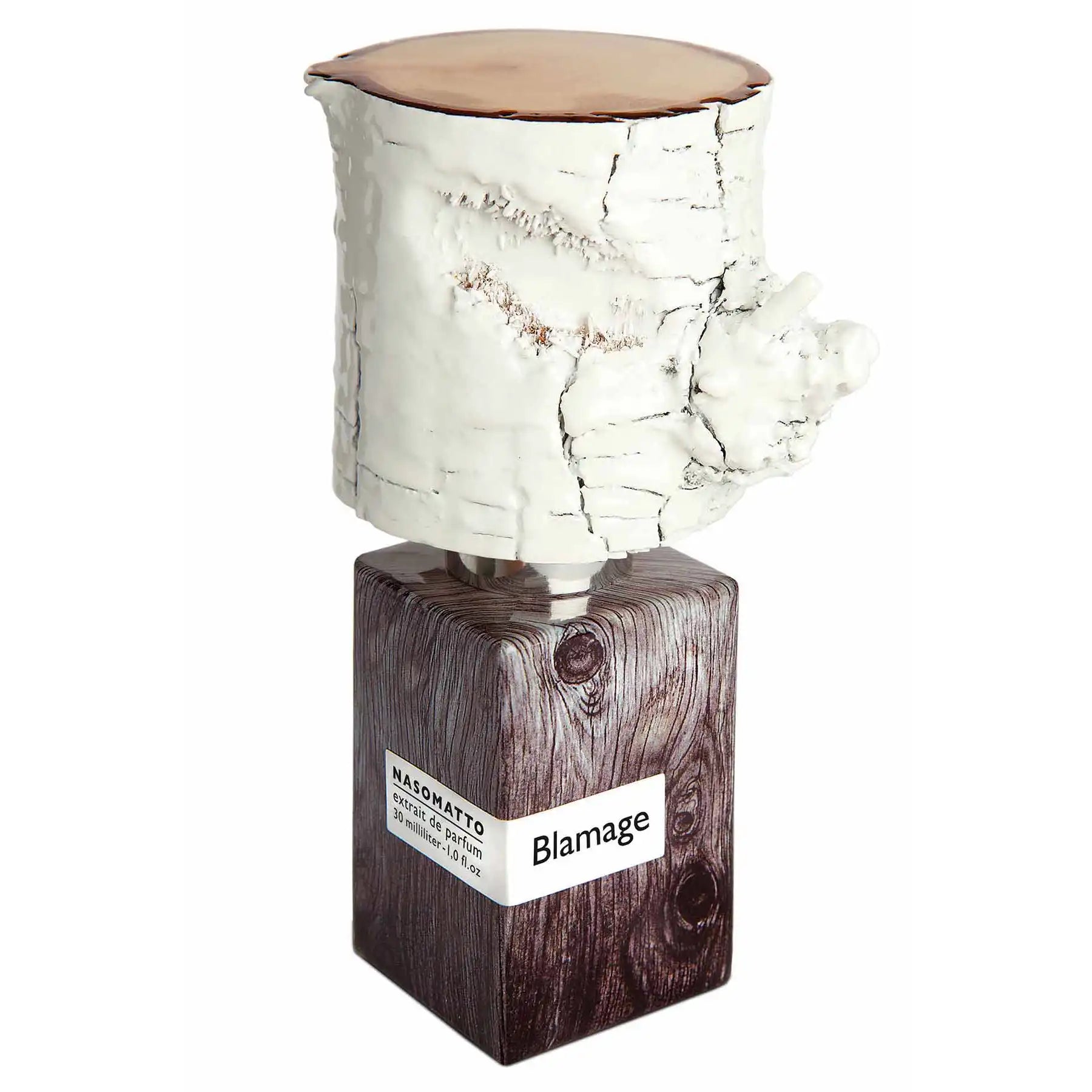 Elegant Nasomatto Blamage perfume bottle with unique white textured cap and dark wooden base, side-angle view