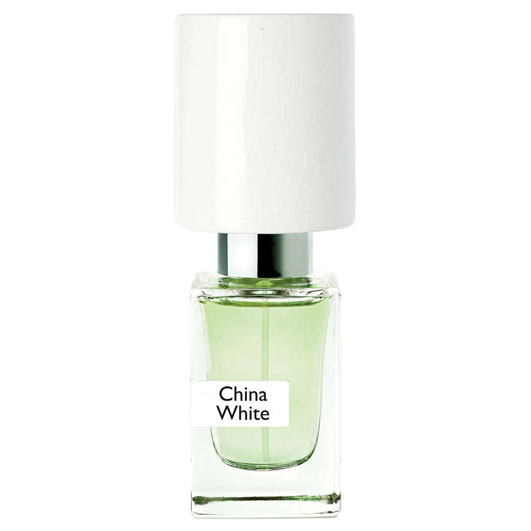 Nasomatto China White luxury perfume bottle with white cap and pale green liquid, front view