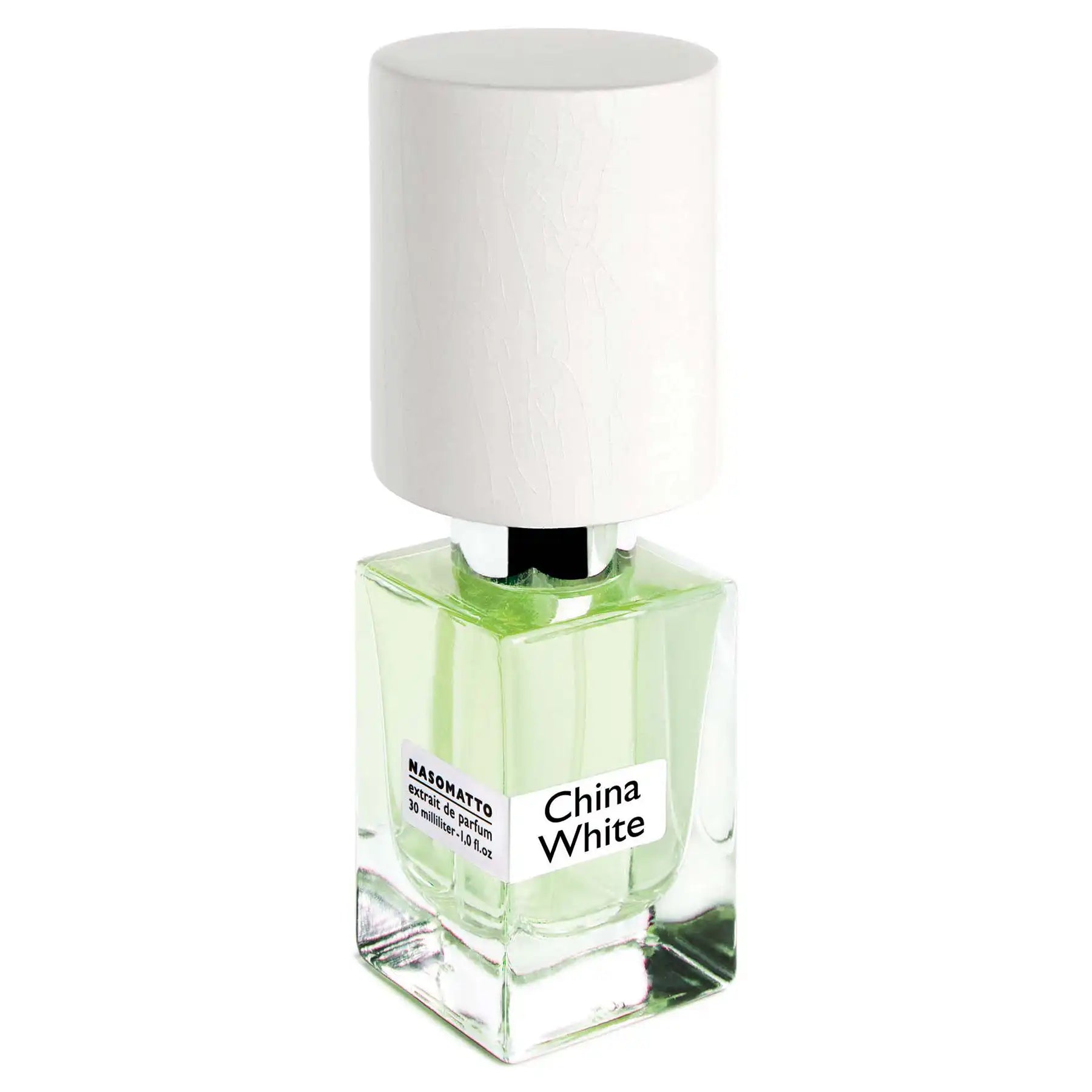 Elegant Nasomatto China White perfume bottle with white cap and pale green liquid, side-angle view