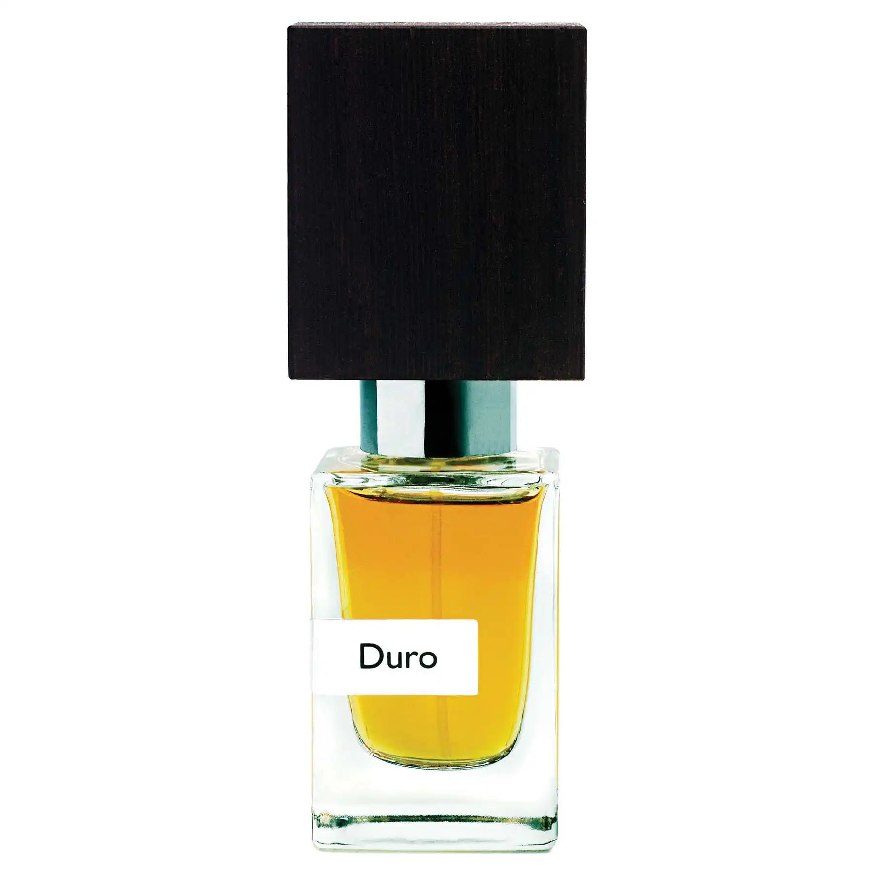 Nasomatto Duro luxury perfume bottle with black wooden cap and amber liquid, front view