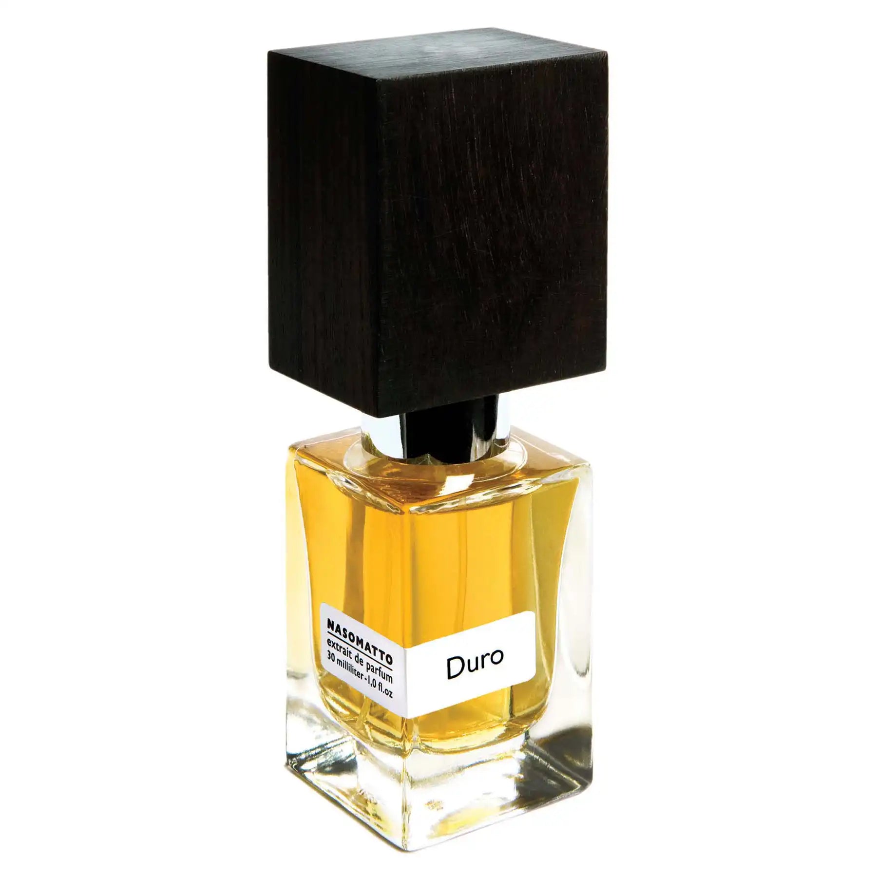 Elegant Nasomatto Duro perfume bottle with black wooden cap and amber liquid, side-angle view