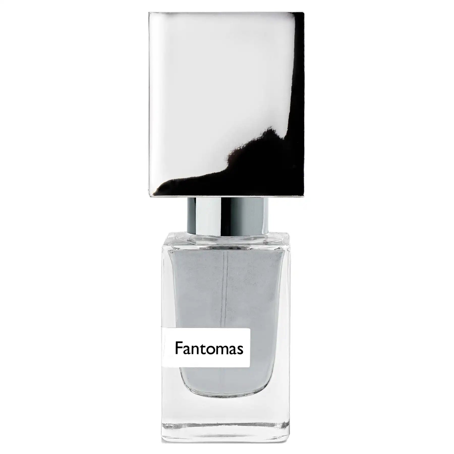 Nasomatto Fantomas luxury perfume bottle with sleek silver cap and light grey liquid, front view