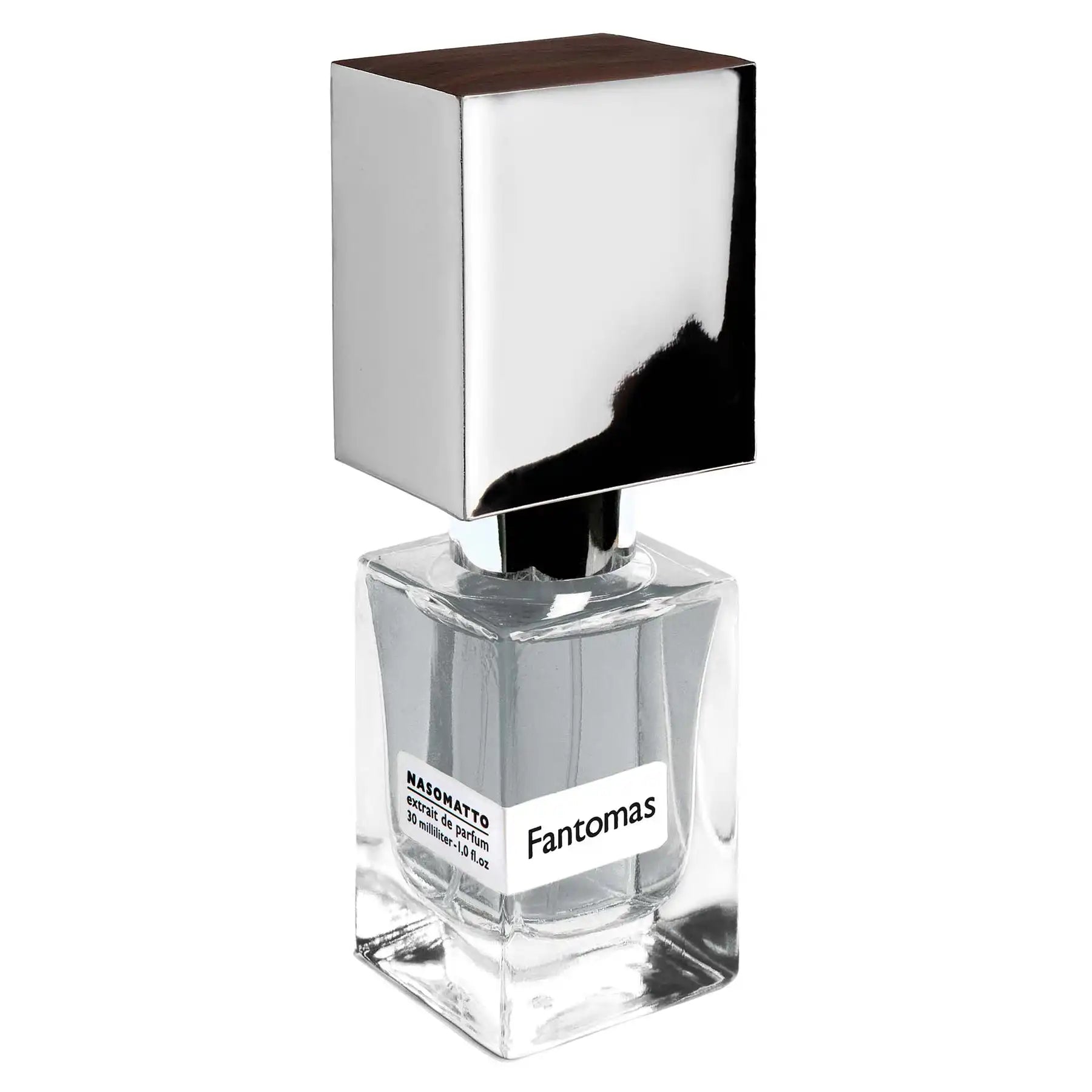 Elegant Nasomatto Fantomas perfume bottle with sleek silver cap and light grey liquid, side-angle view