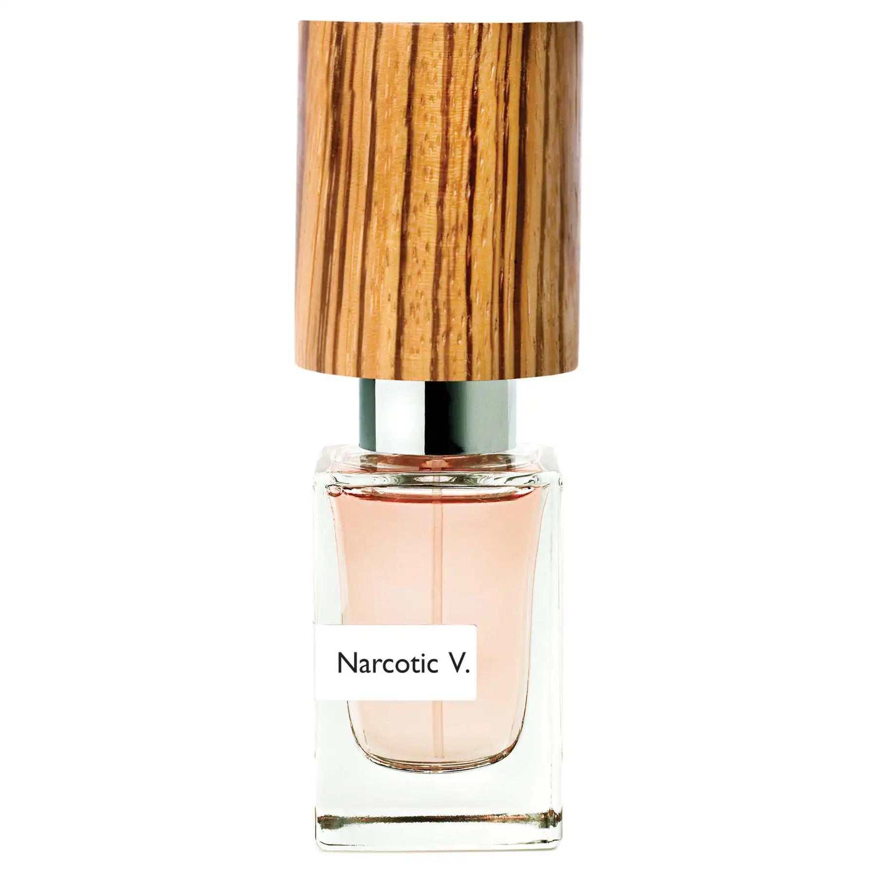 Nasomatto Narcotic V. luxury perfume bottle with light brown wooden cap and light pink liquid, front view