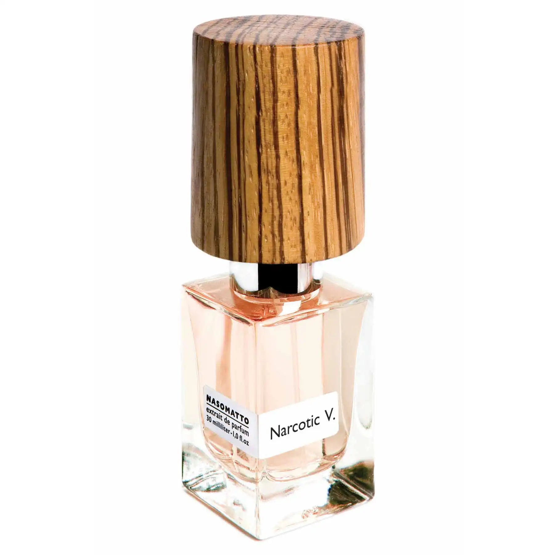 Elegant Nasomatto Narcotic V. perfume bottle with light brown wooden cap and light pink liquid, side-angle view