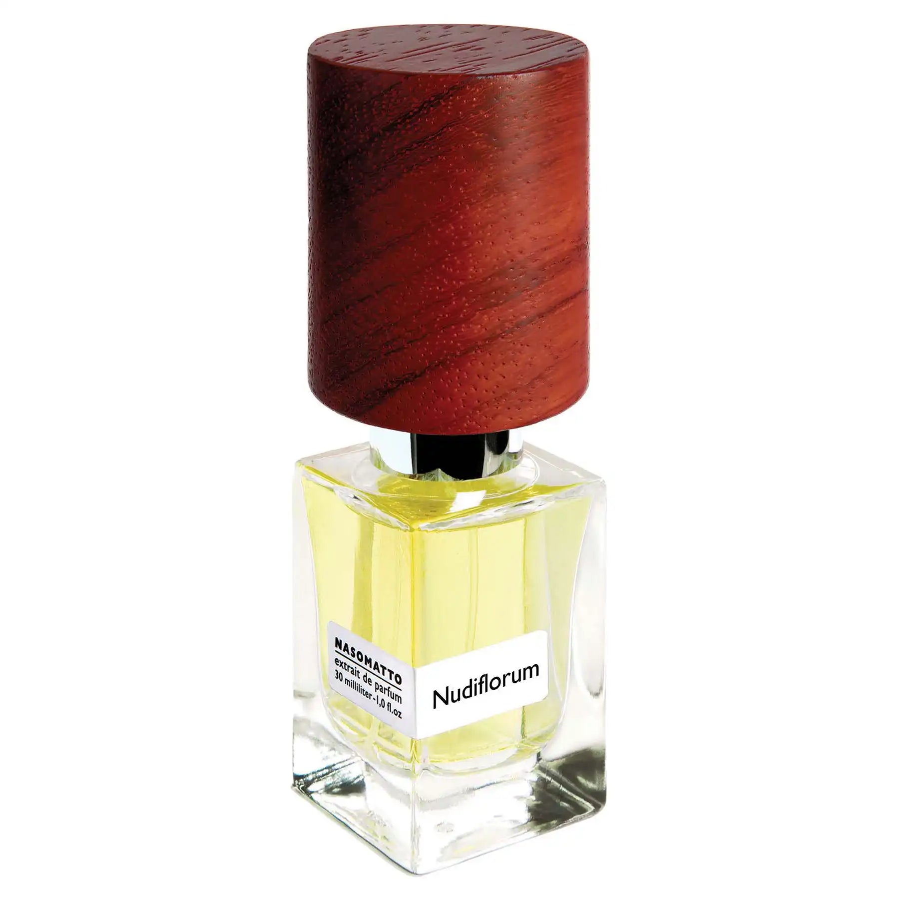 Elegant Nasomatto Nudiflorum perfume bottle with red wooden cap and pale yellow liquid, side-angle view