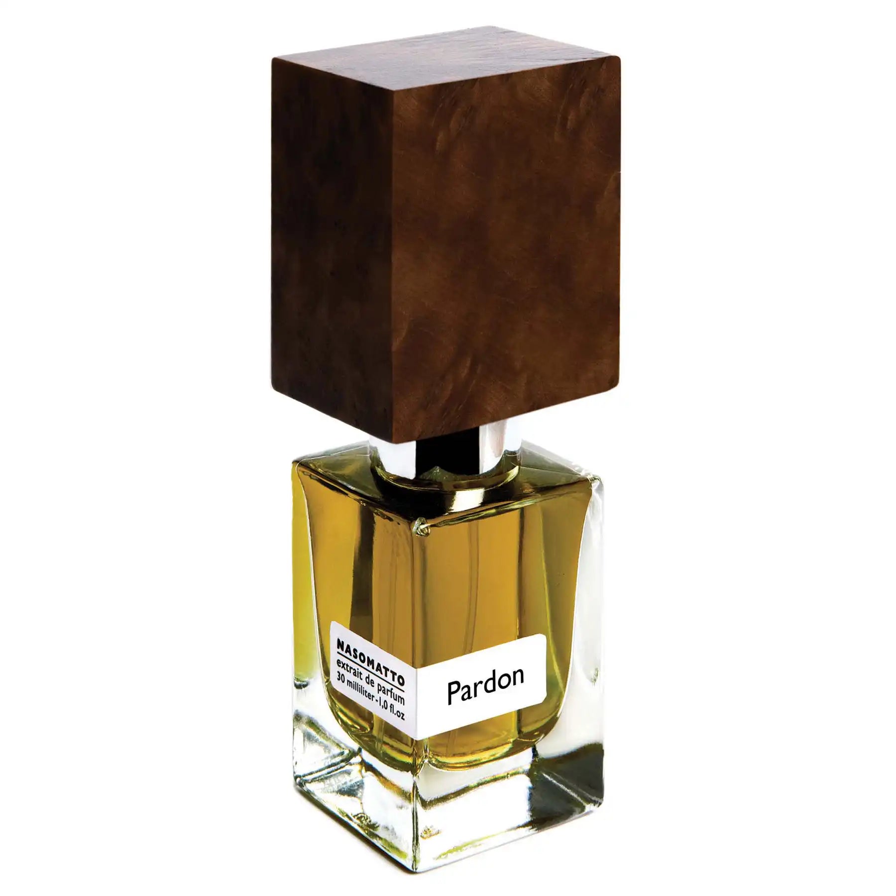 Elegant Nasomatto Pardon perfume bottle with dark brown wooden cap and amber liquid, side-angle view