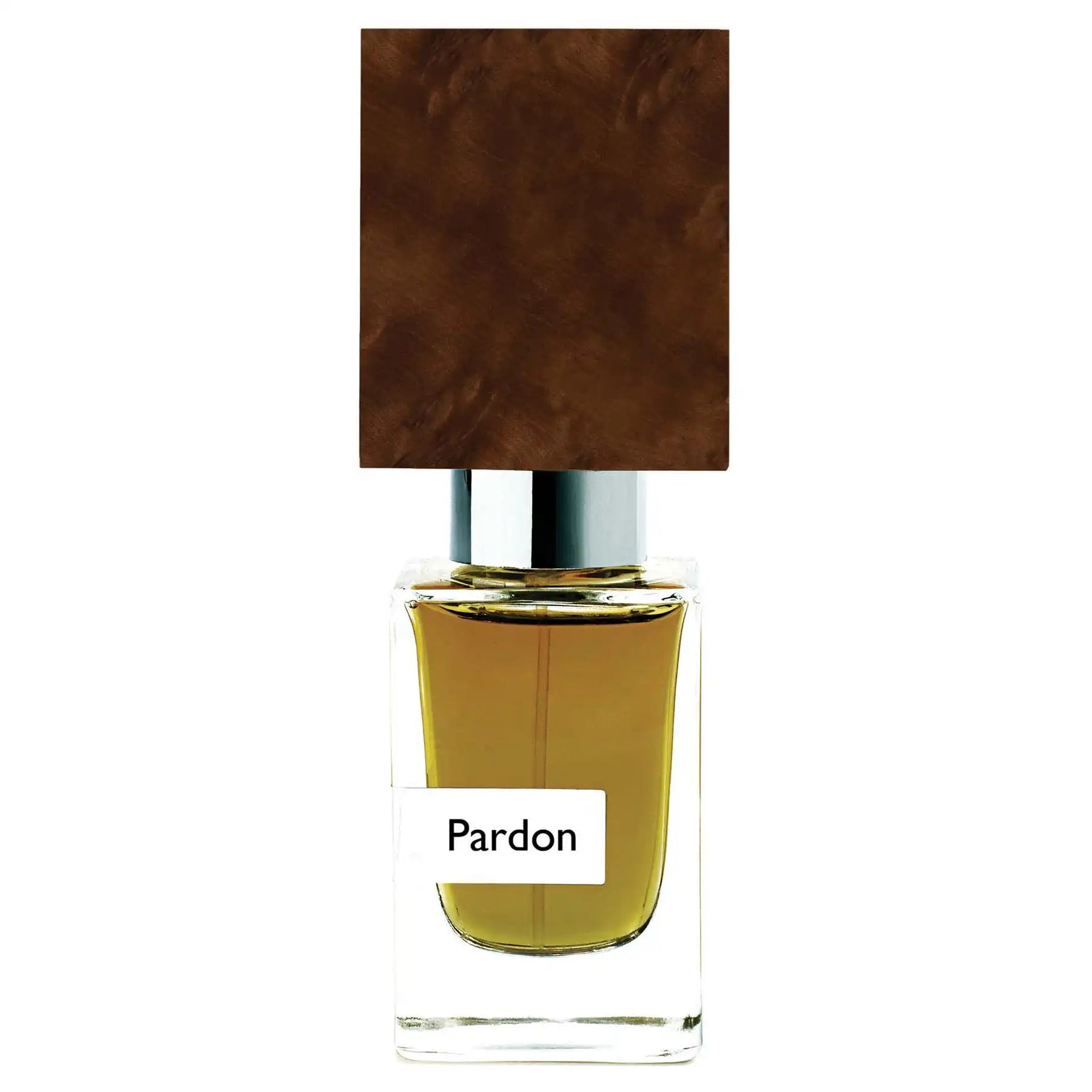 Nasomatto Pardon luxury perfume bottle with dark brown wooden cap and amber liquid, front view