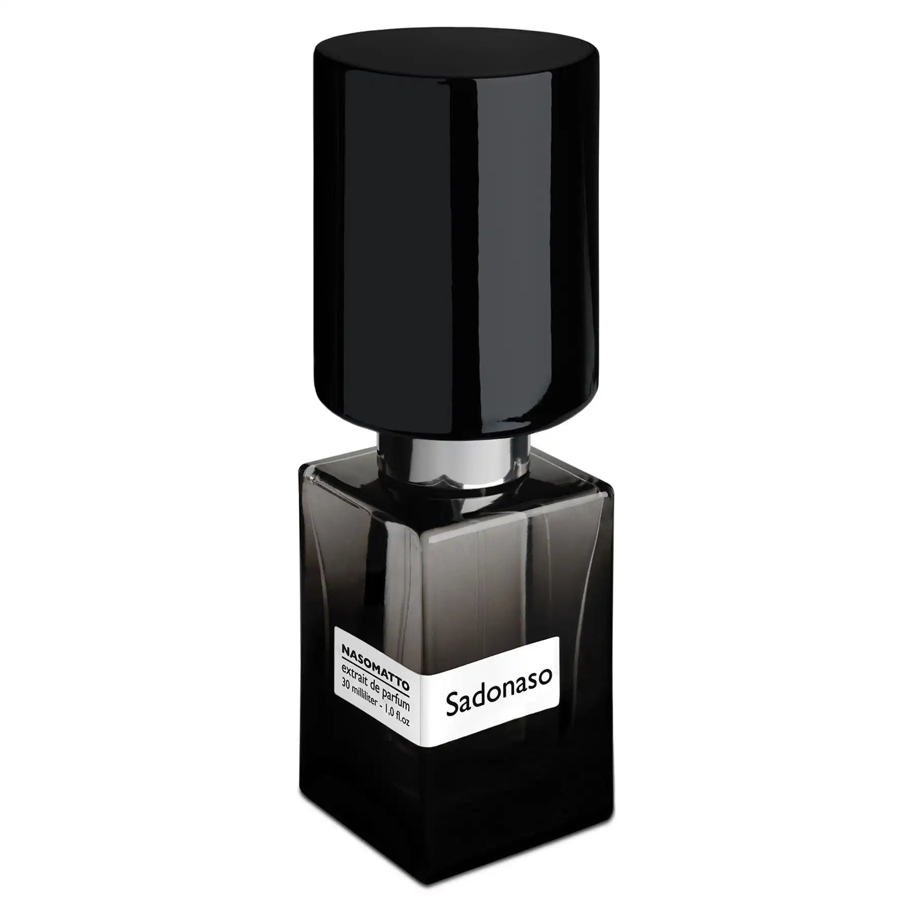 Elegant Nasomatto Sadonaso perfume bottle with black cap and gradient dark glass, side-angle view