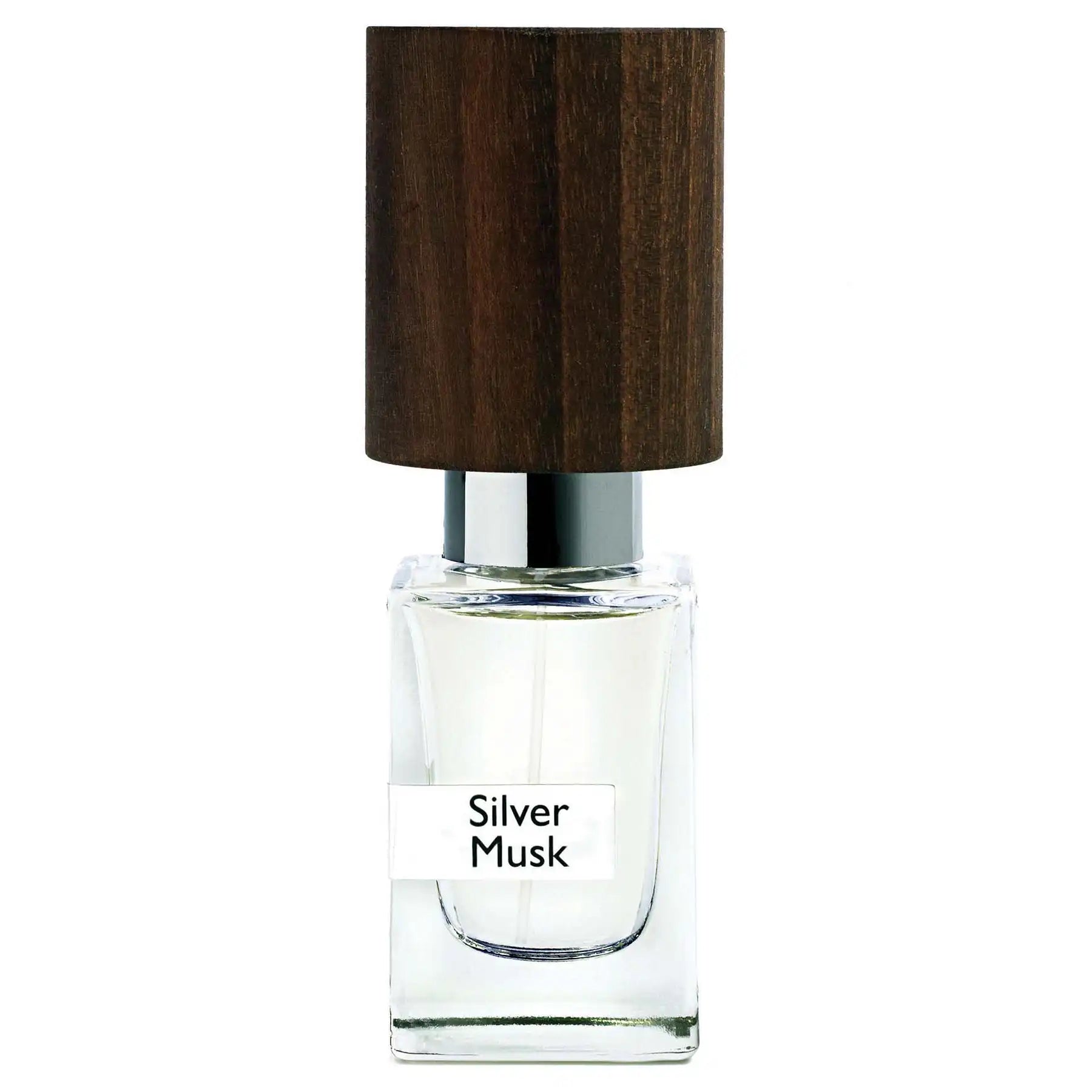 Nasomatto Silver Musk luxury perfume bottle with dark wooden cap and clear glass, front view