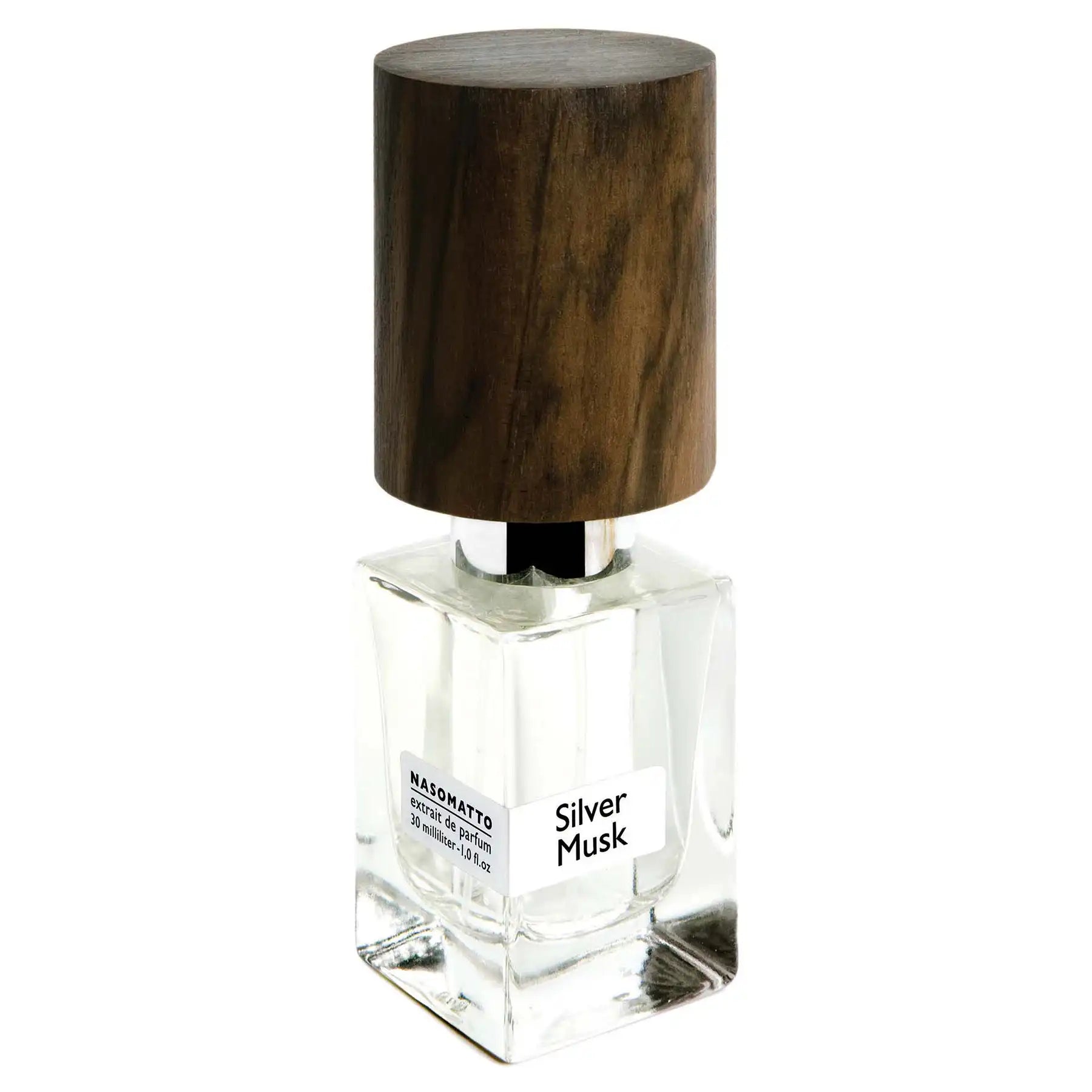 Elegant Nasomatto Silver Musk perfume bottle with dark wooden cap and clear glass, side-angle view