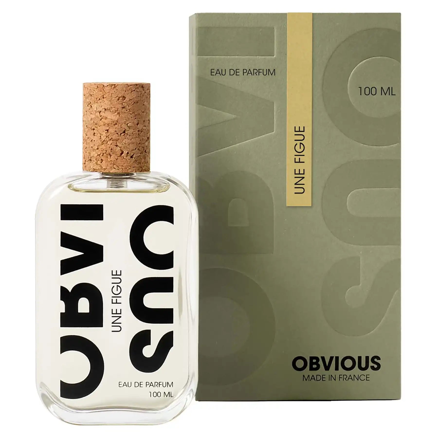 Une Figue Eau de Parfum by Obvious Parfums, 100ml bottle displayed with green packaging