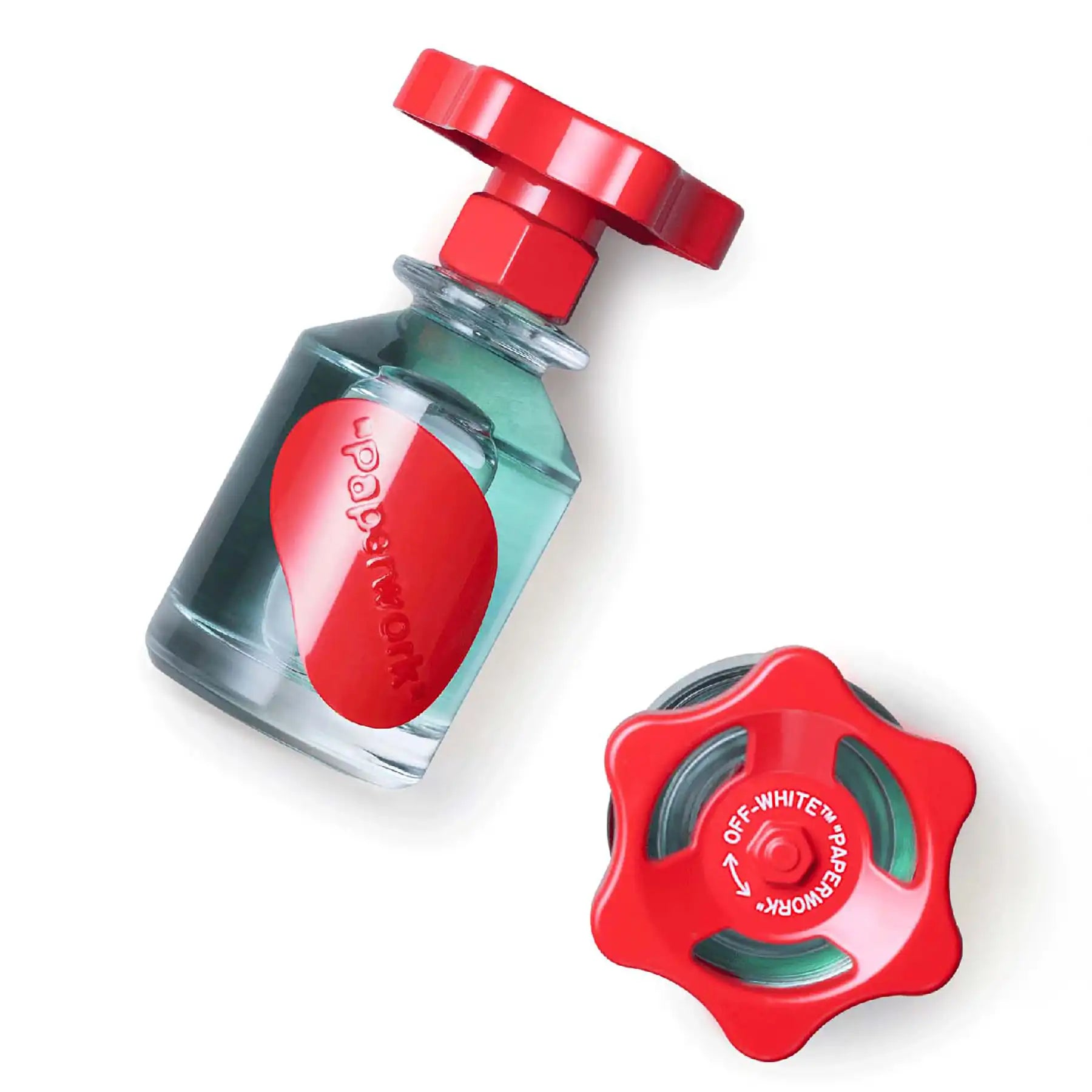 Solution No. 1 by Off-White, side view of the 100ml bottle showing red oval label and red cap