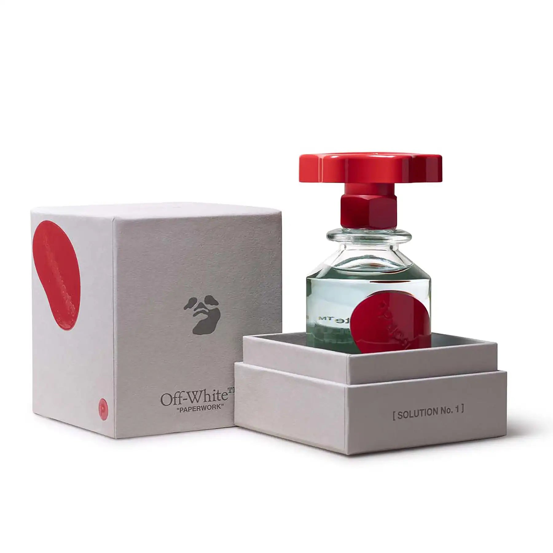 Solution No. 1 by Off-White, 100ml bottle displayed with branded gray and red packaging