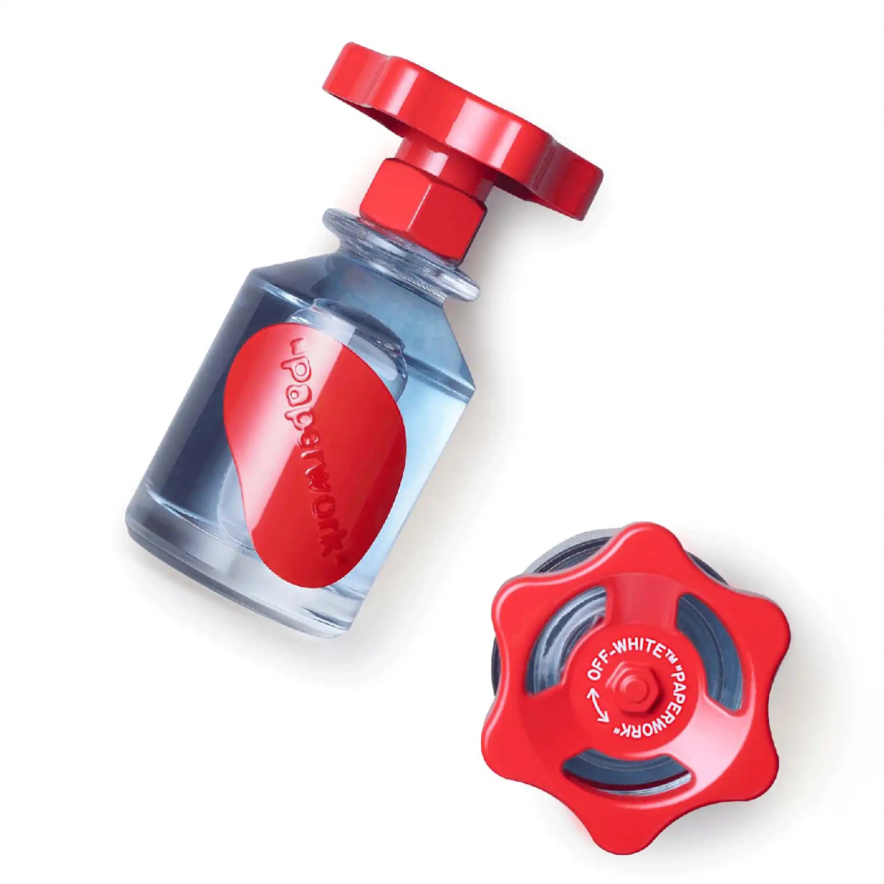 Solution No. 2 by Off-White, angled view of the 100ml bottle showing red oval label and red cap design