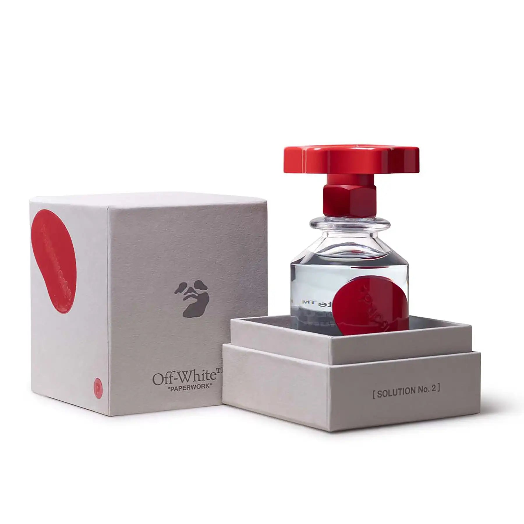 Solution No. 2 by Off-White, 100ml bottle displayed alongside branded gray and red packaging