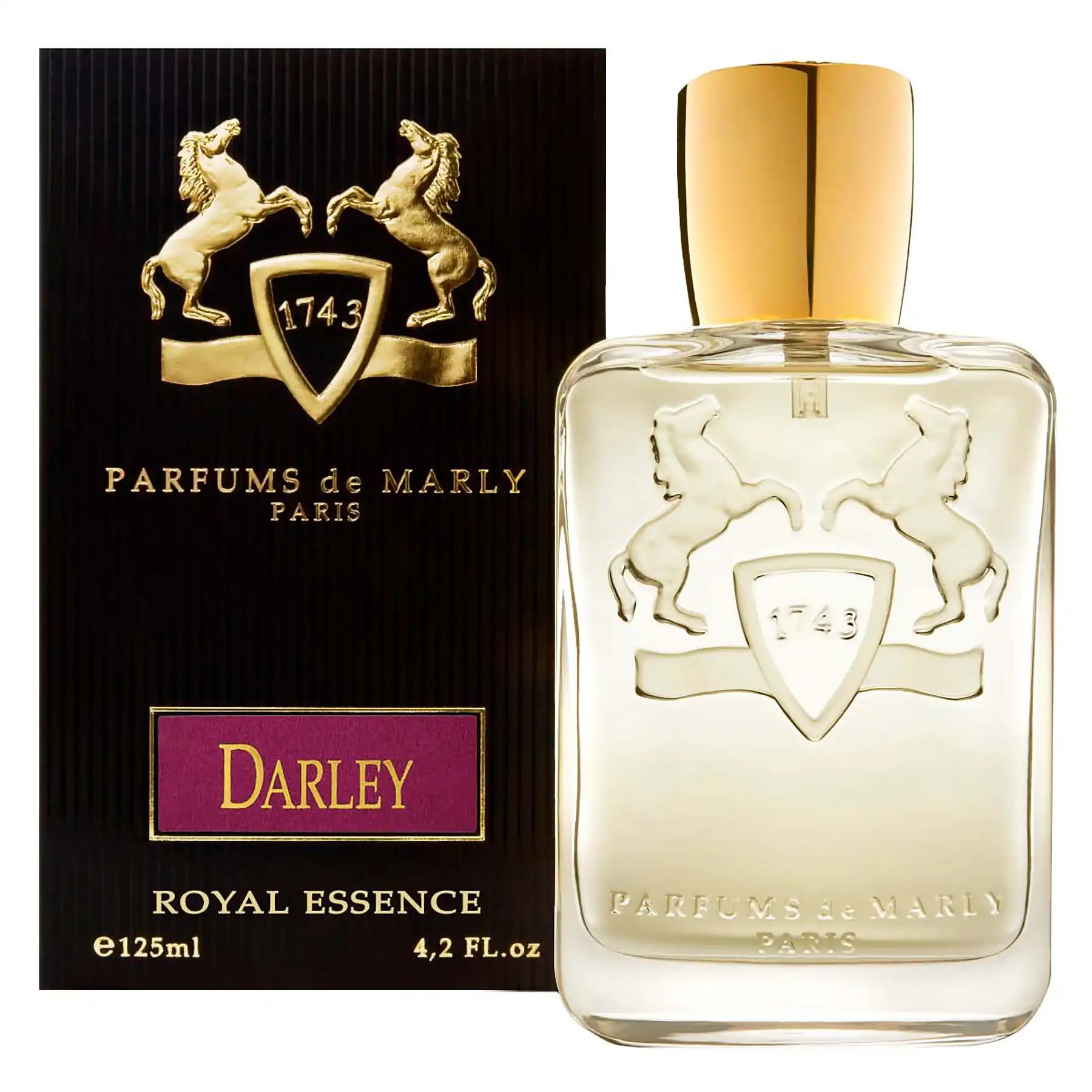 Darley by Parfums de Marly, 125ml clear glass bottle displayed with black and gold branded box.