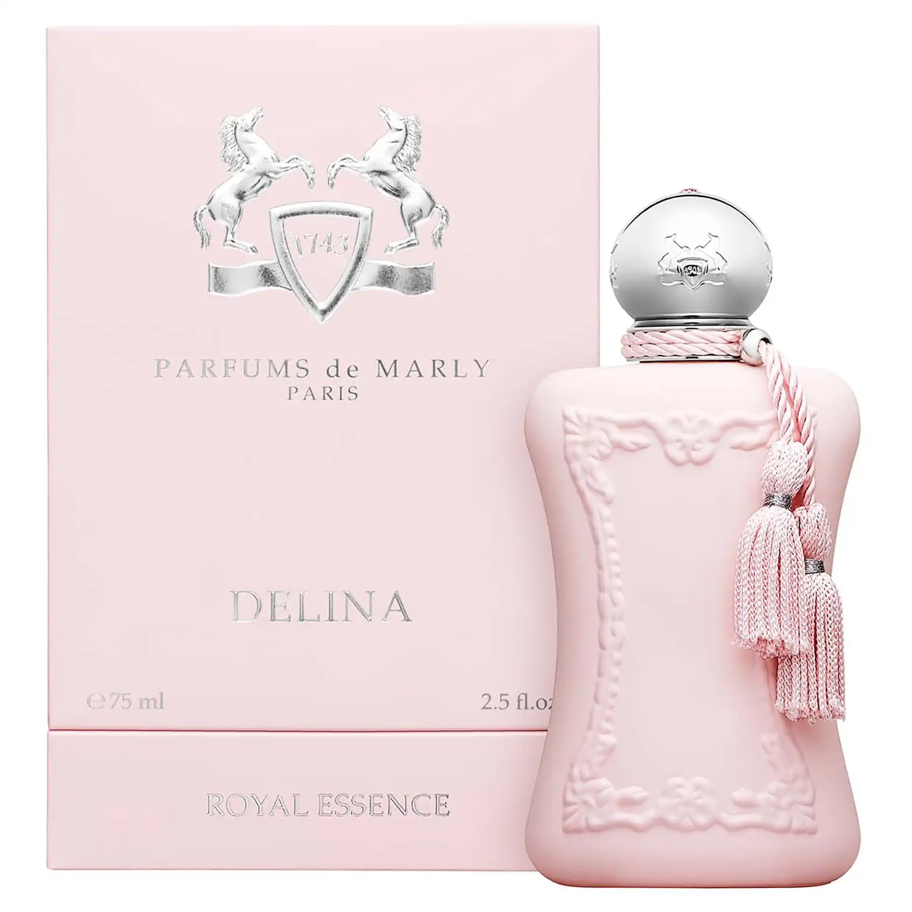 Delina by Parfums de Marly, 75ml pink bottle displayed with matching pink branded box