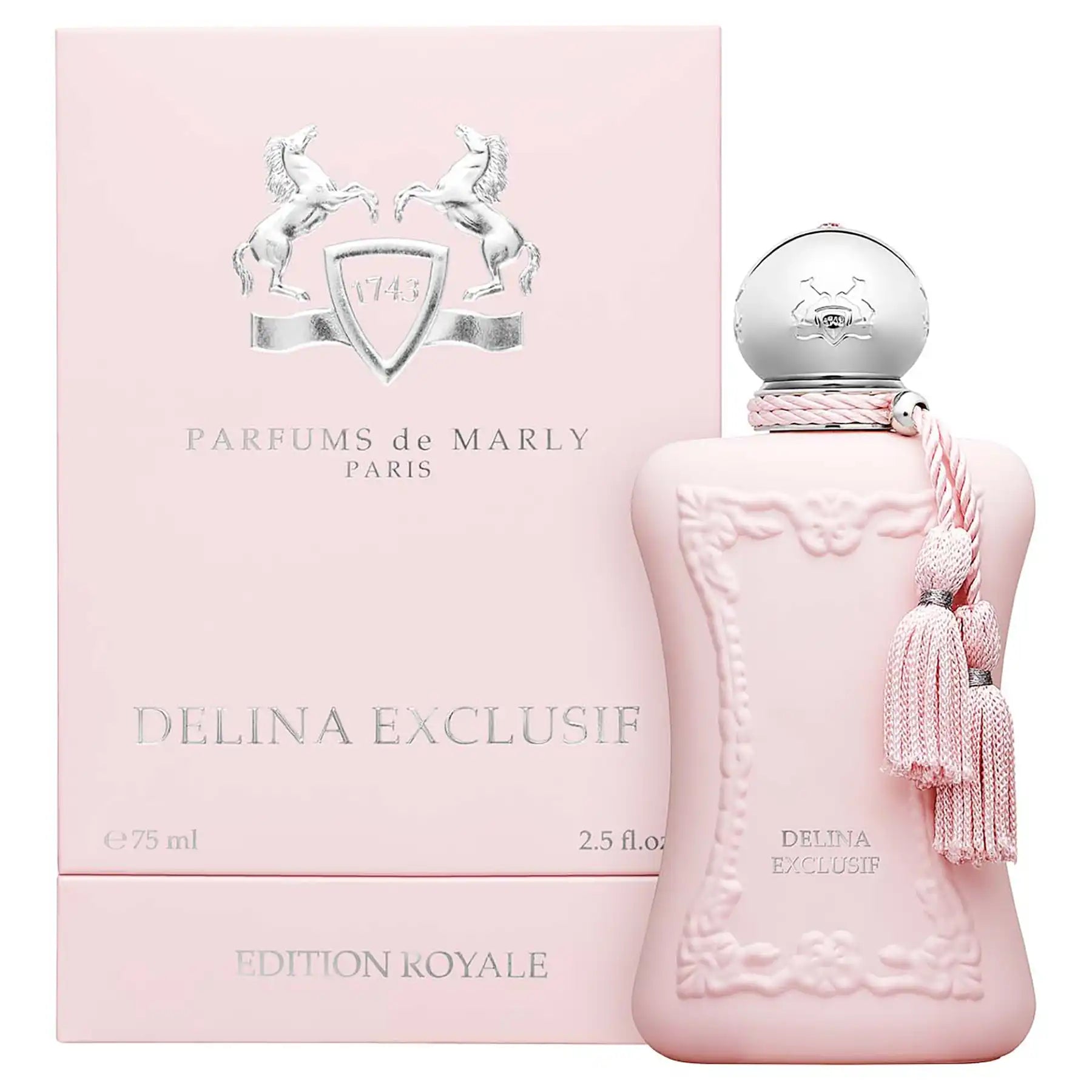 Delina Exclusif by Parfums de Marly, 75ml blush pink bottle displayed with matching pink branded box