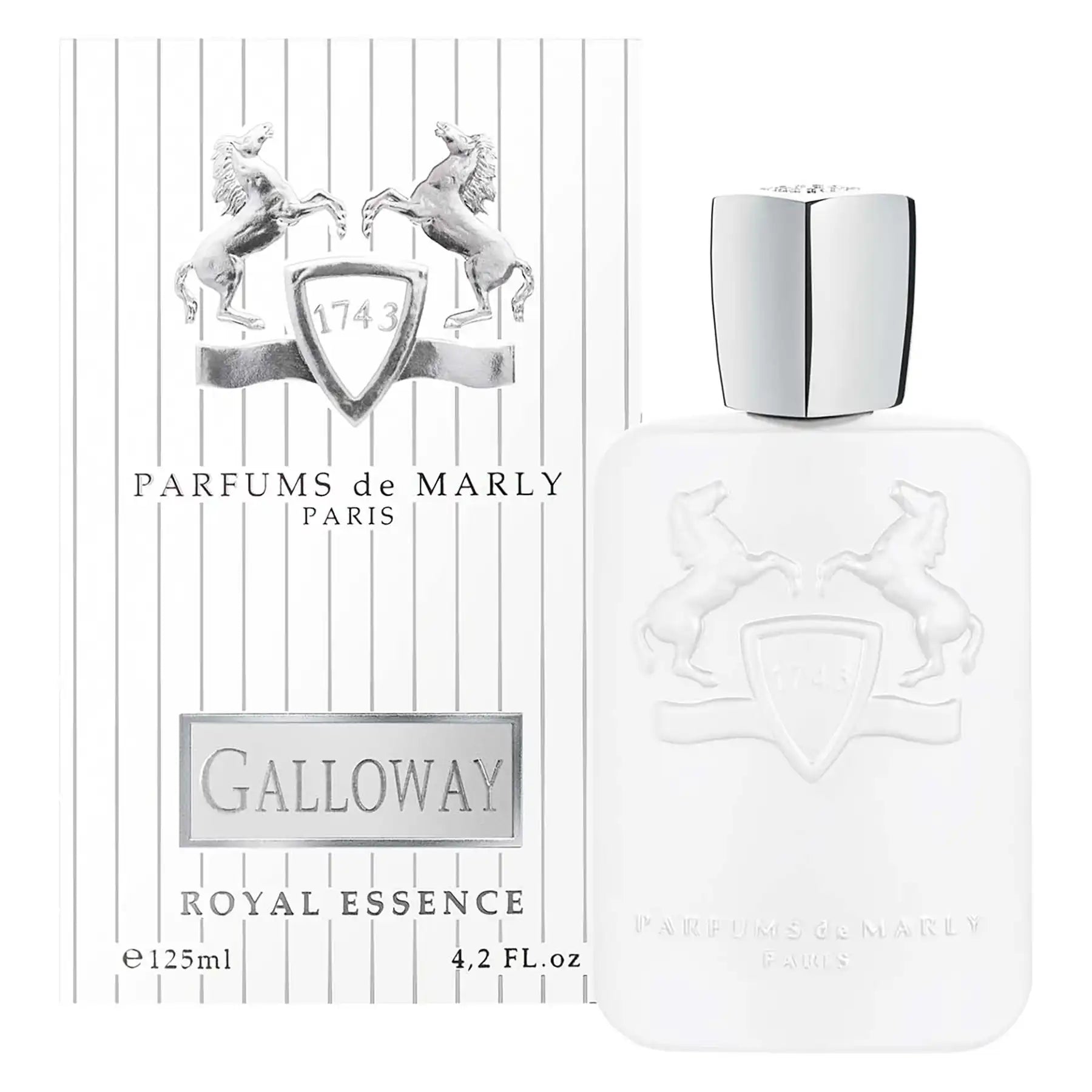 Galloway by Parfums de Marly, 125ml white bottle displayed with branded box in silver and white