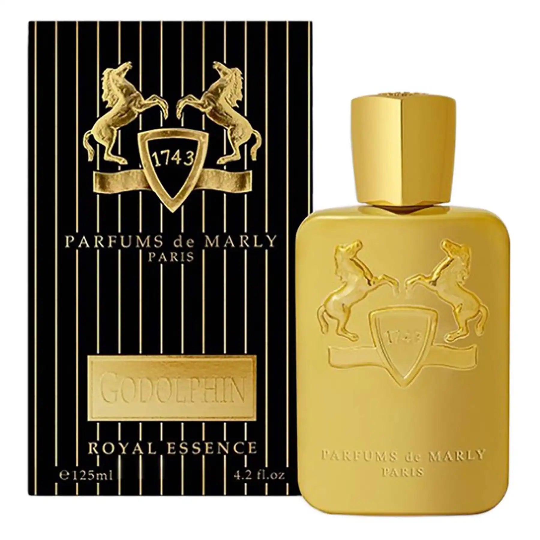 Godolphin by Parfums de Marly, 125ml gold bottle displayed with black and gold striped branded box