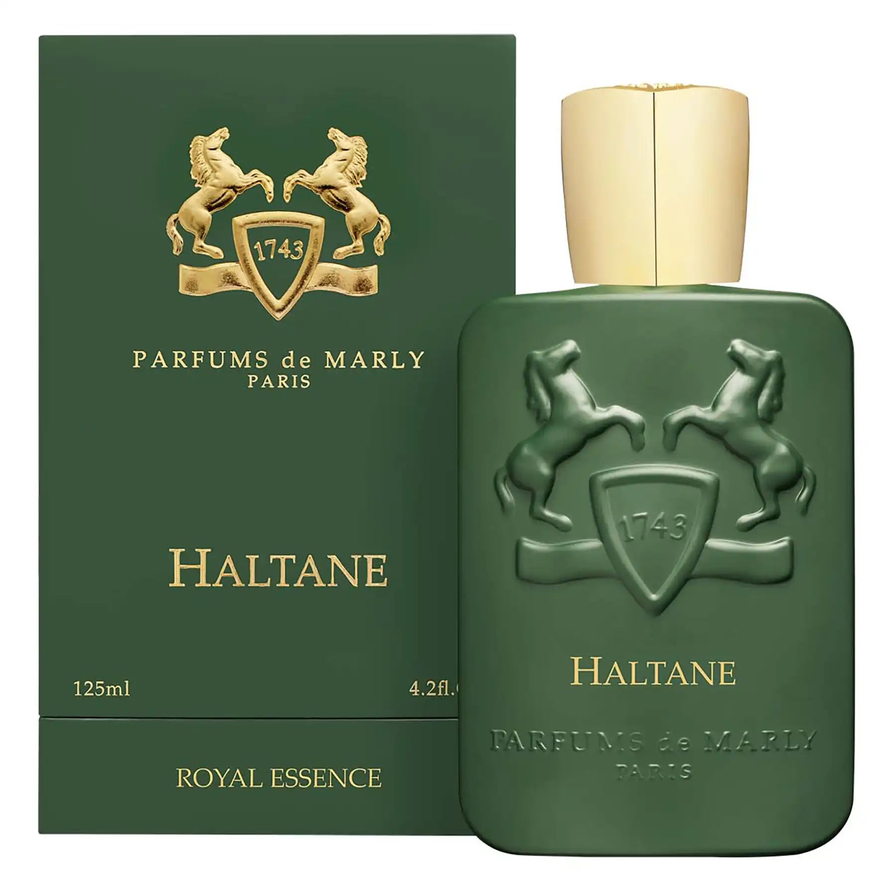 Haltane by Parfums de Marly, 125ml green bottle shown with matching green and gold branded box