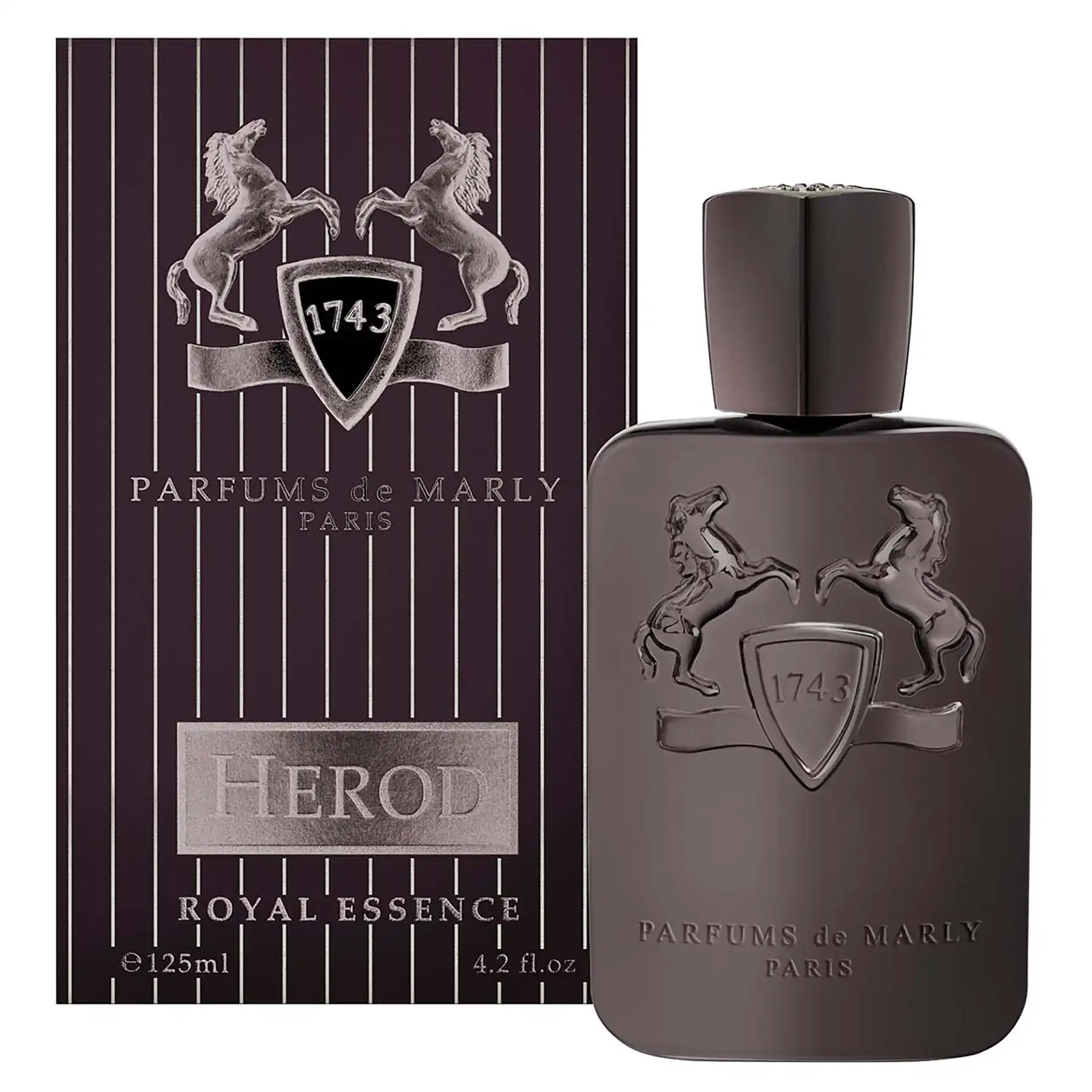 Herod by Parfums de Marly, 125ml dark brown bottle shown with striped brown and silver branded box