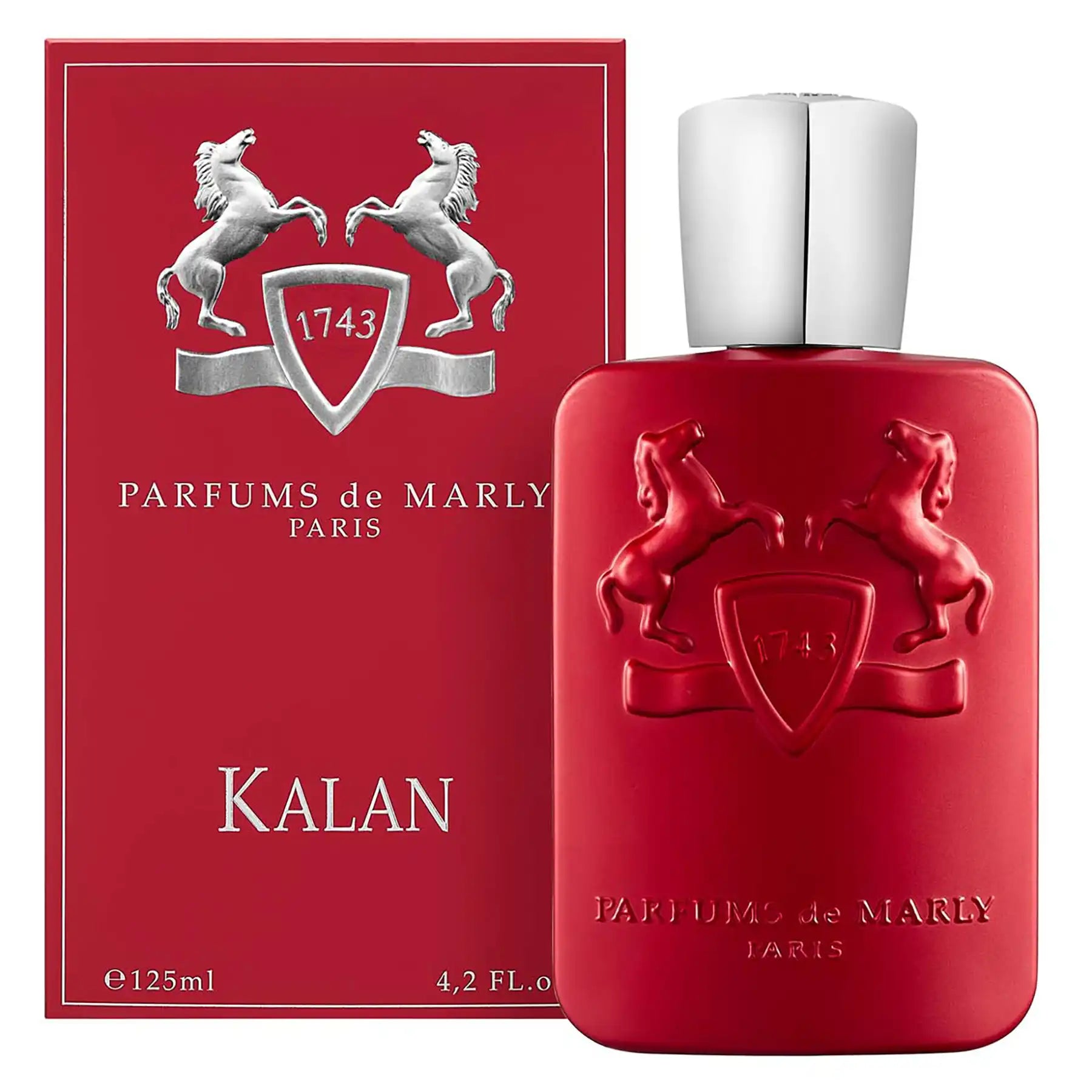 Kalan by Parfums de Marly, 125ml red bottle shown with matching red and silver branded box