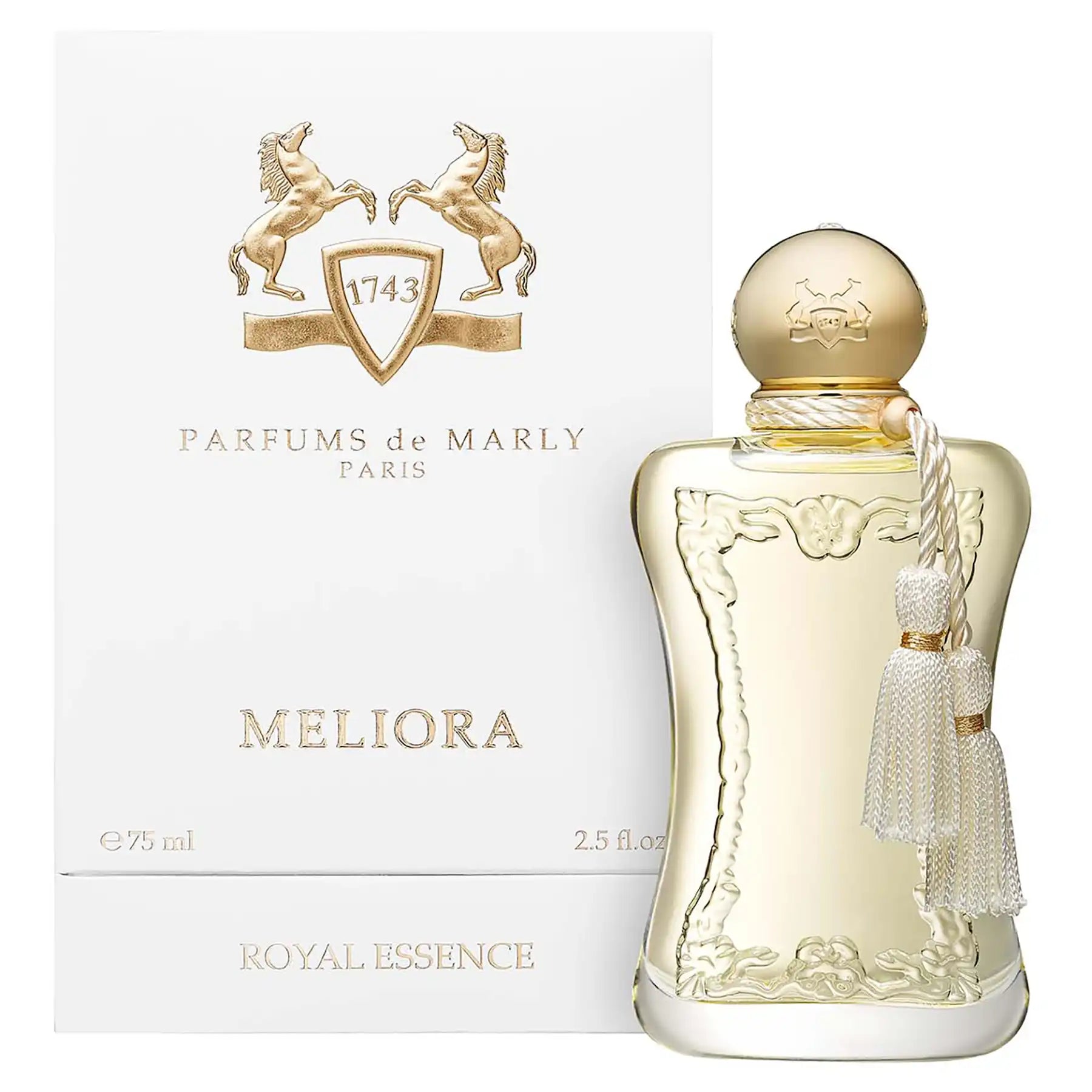 Meliora by Parfums de Marly, 75ml frosted glass bottle shown with matching branded white box