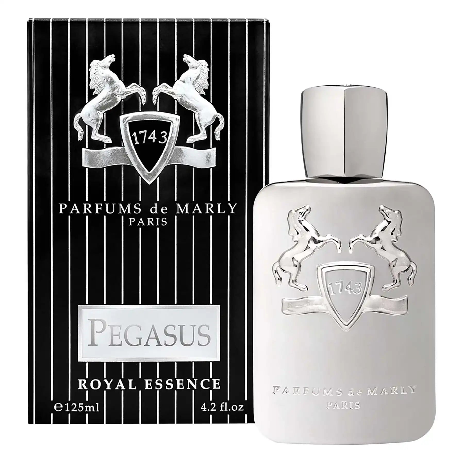 Pegasus by Parfums de Marly, 125ml silver bottle displayed with black and silver striped branded box