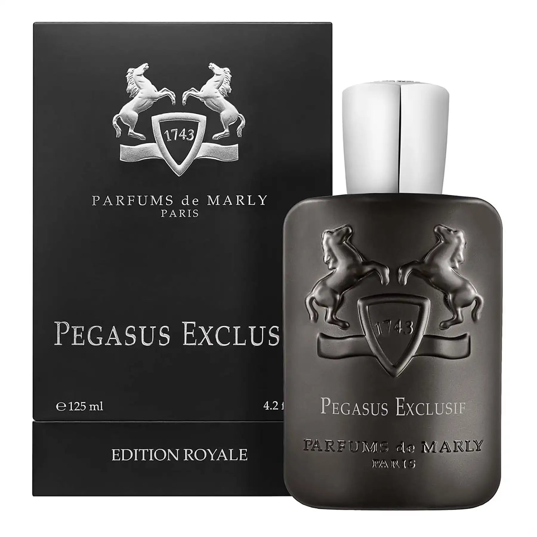 Pegasus Exclusif by Parfums de Marly, 125ml dark metallic bottle shown with black branded box