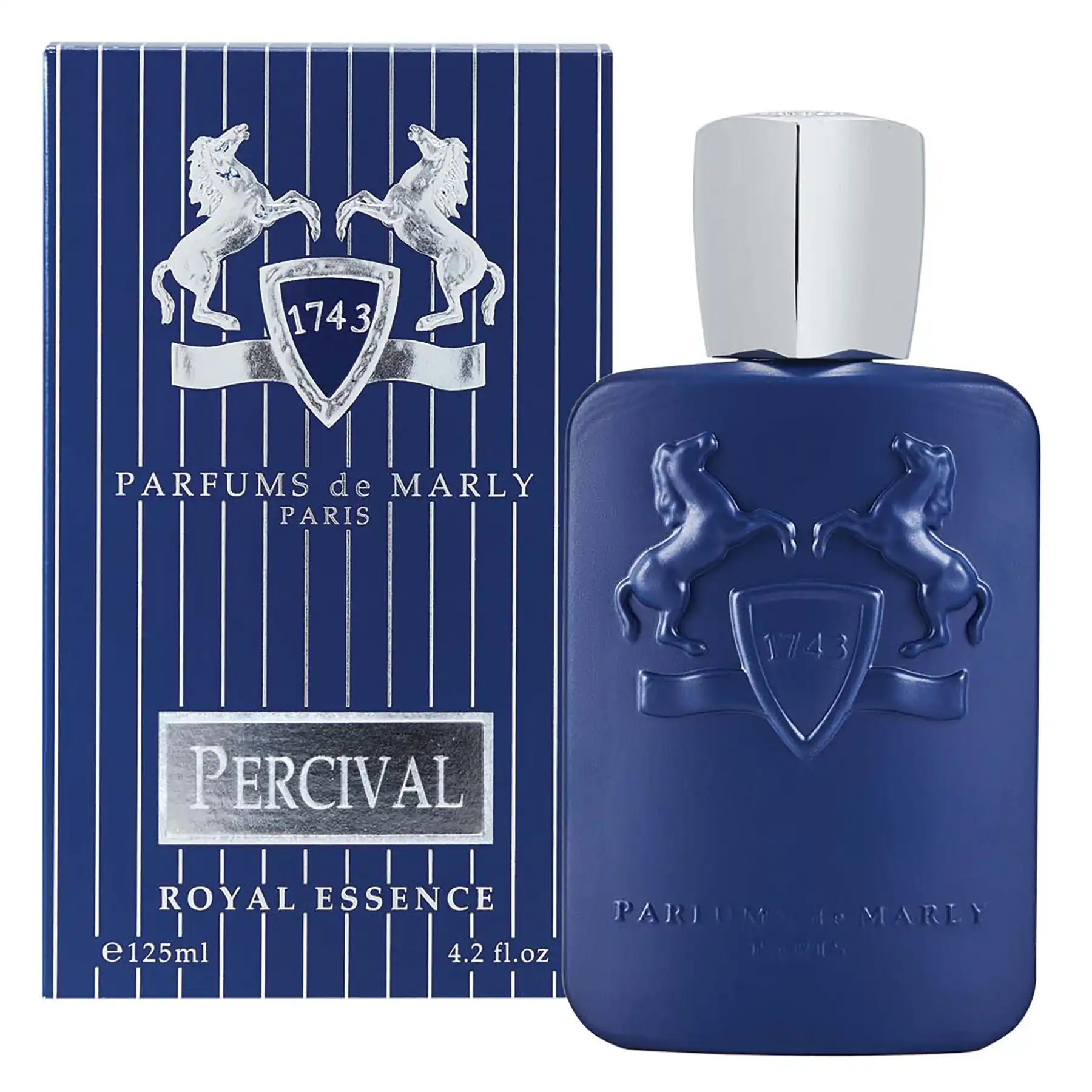 Percival by Parfums de Marly, 125ml royal blue bottle displayed with striped blue branded box