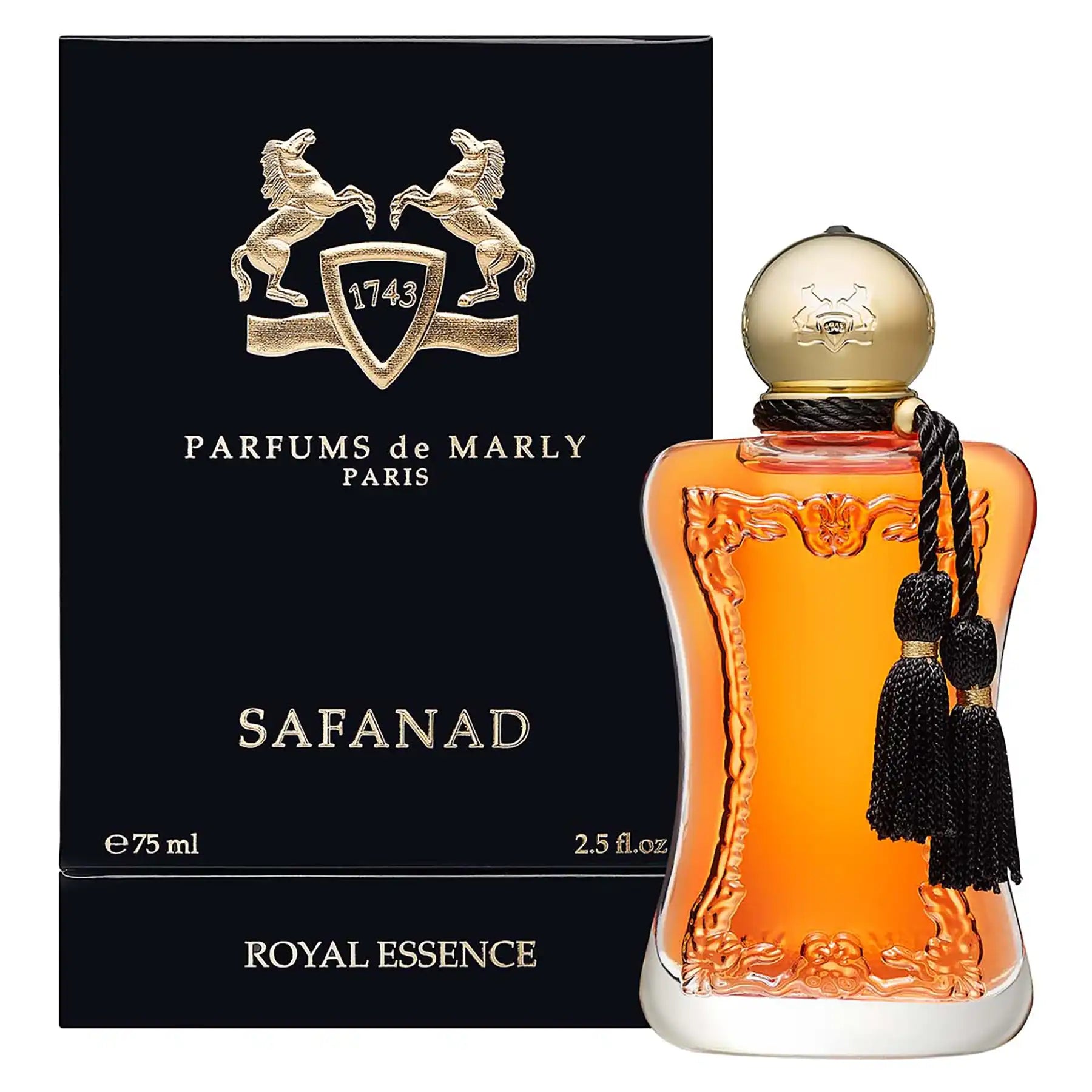 Safanad by Parfums de Marly, 75ml amber bottle displayed with black and gold branded box