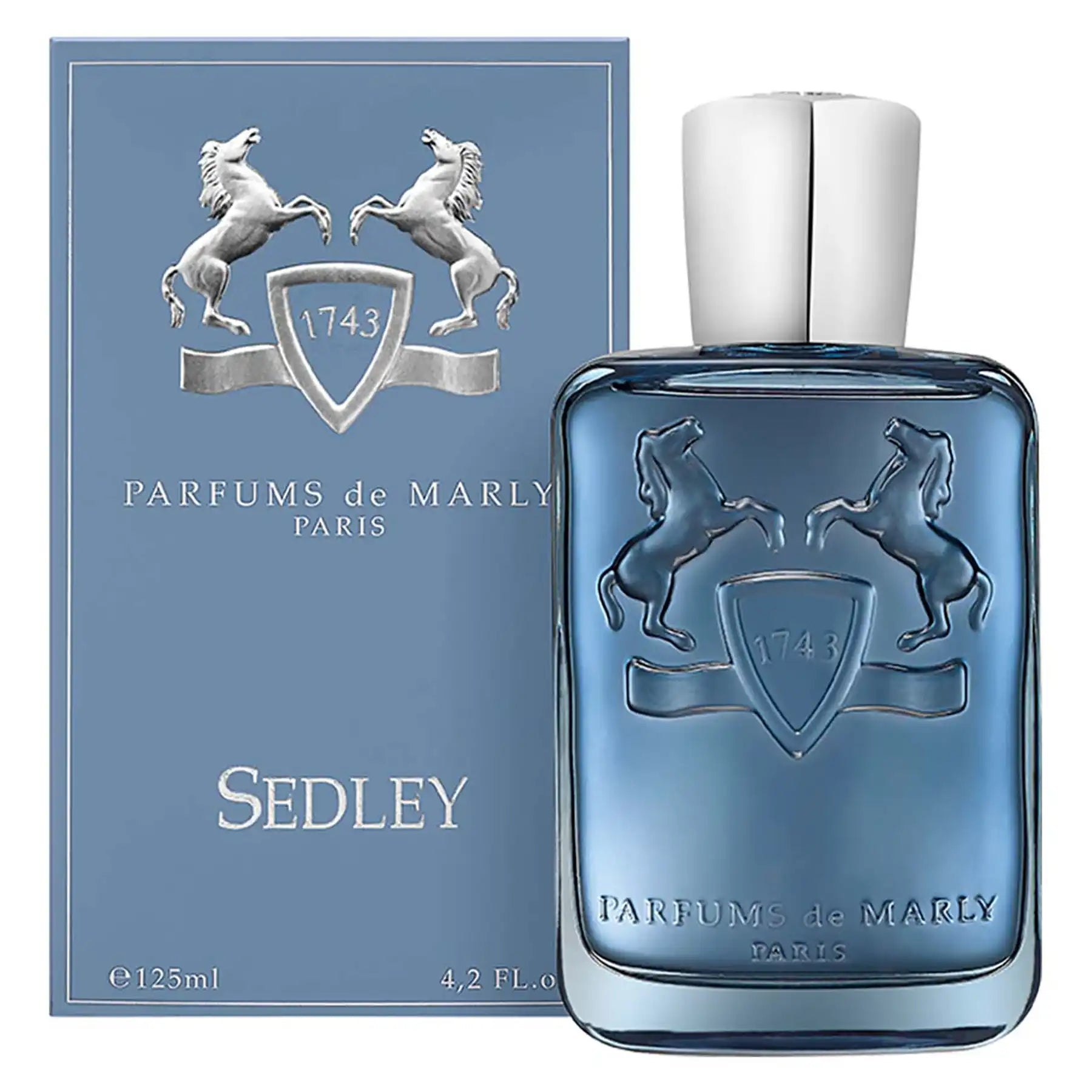 Sedley by Parfums de Marly, 125ml blue bottle displayed with matching blue and silver box