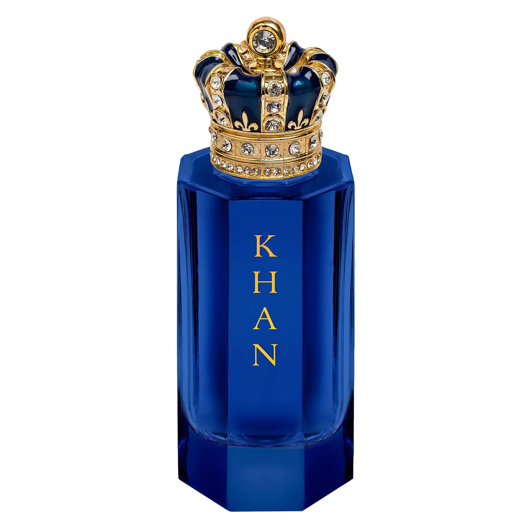 Khan Eau de Parfum by Royal Crown, 100ml royal blue glass bottle with a gold crown cap adorned with jewels