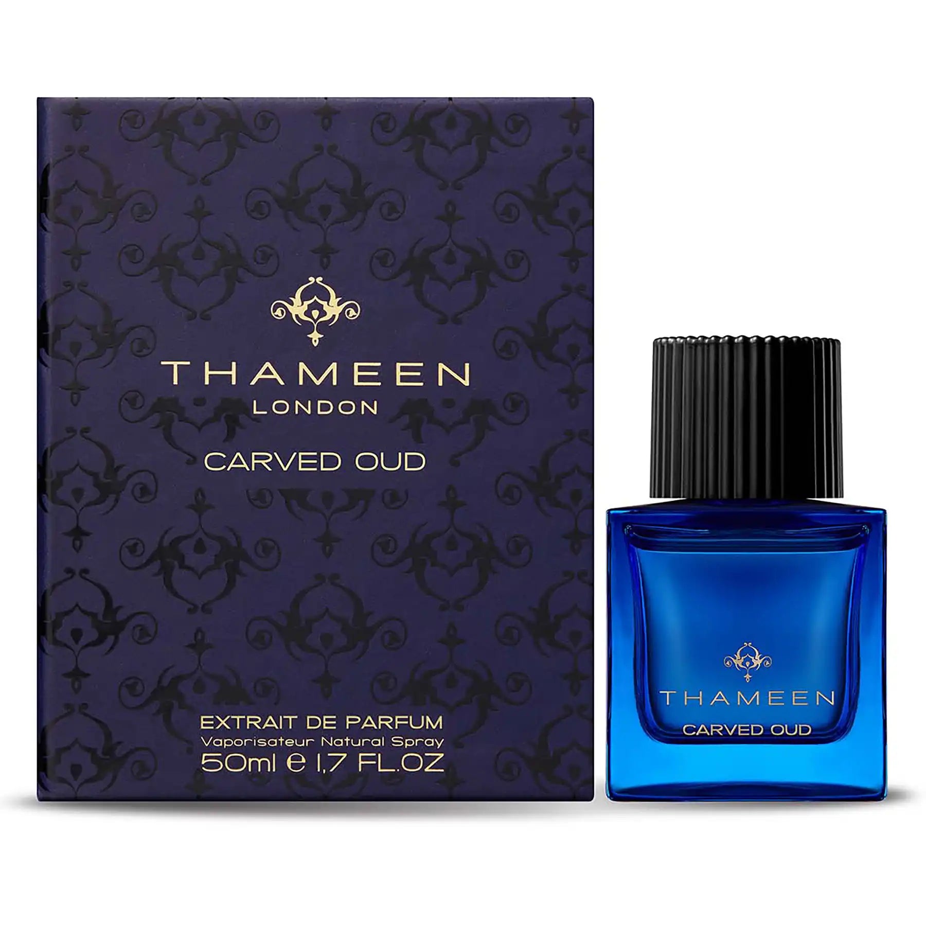 Carved Oud Eau de Parfum by Thameen, 50ml bottle displayed beside dark blue packaging with brand logo