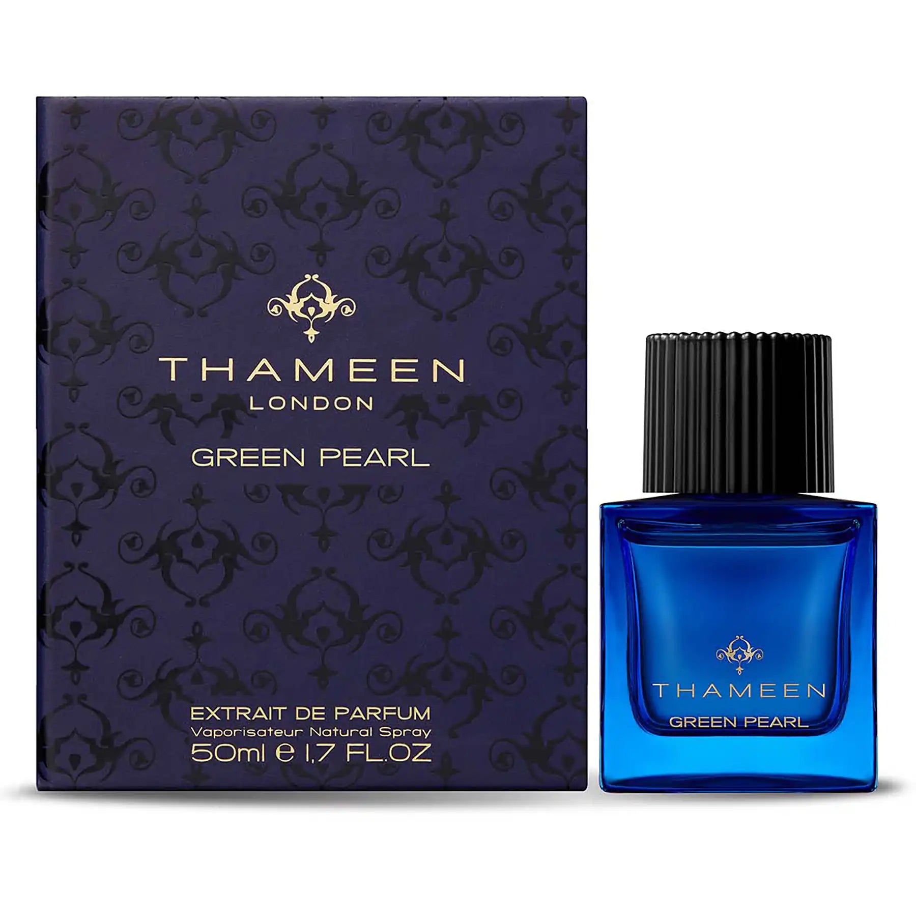 Green Pearl Eau de Parfum by Thameen, 50ml bottle displayed with blue box packaging