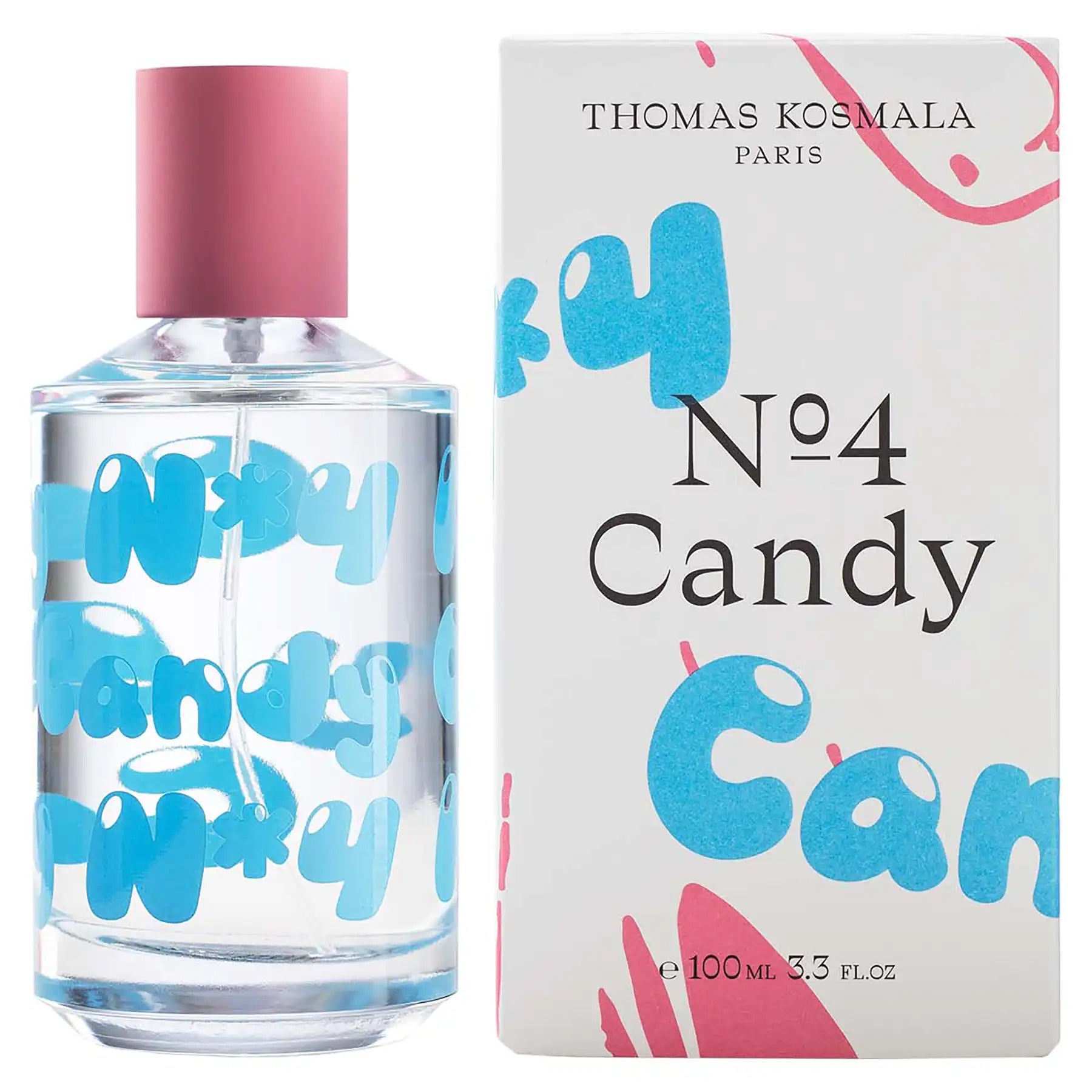 No. 4 Candy Eau de Parfum by Thomas Kosmala, 100ml bottle with blue graffiti-style text, shown with matching pink and blue box