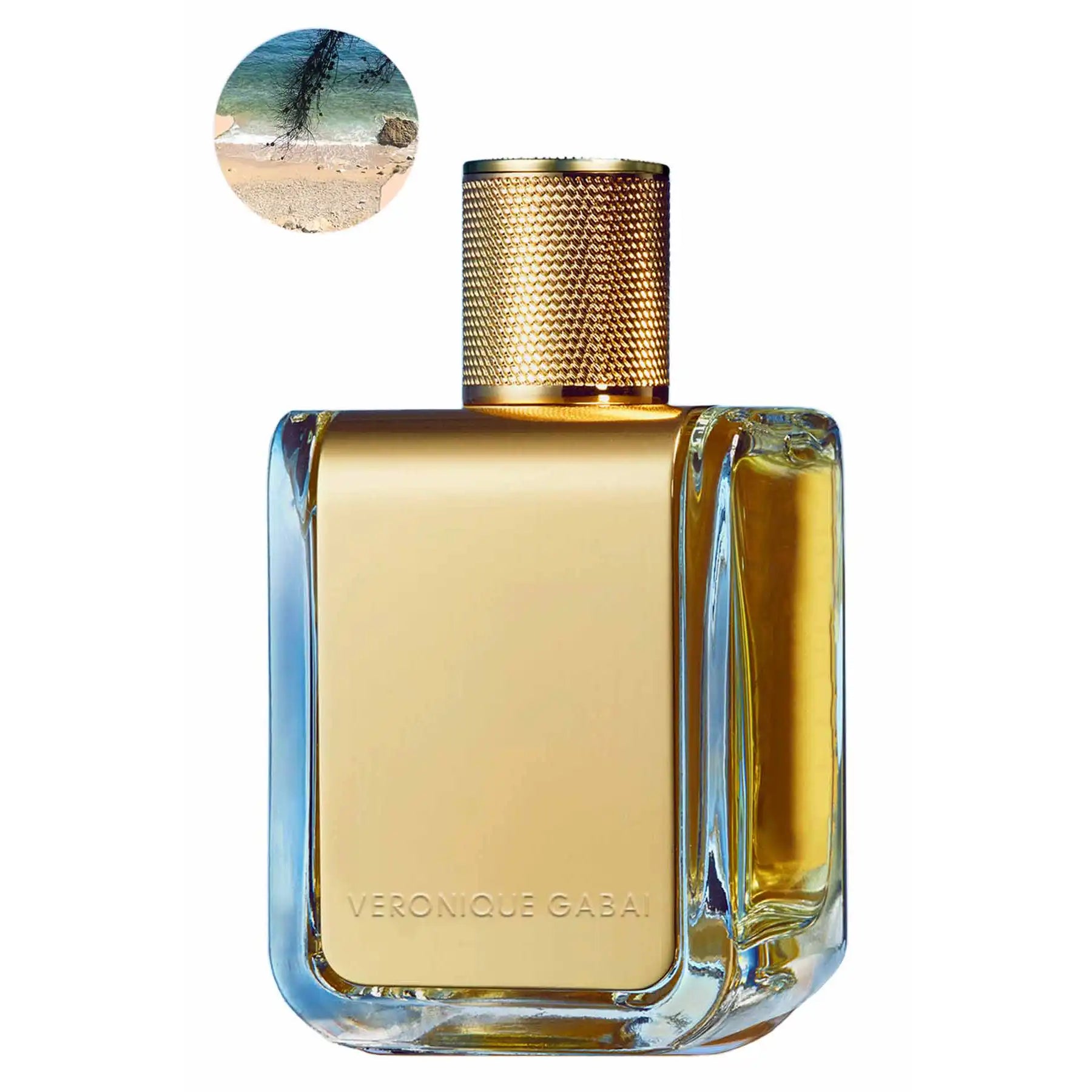 Sur La Plage Eau de Parfum by Veronique Gabai, 85ml clear bottle with gold front panel, displayed with round decorative box