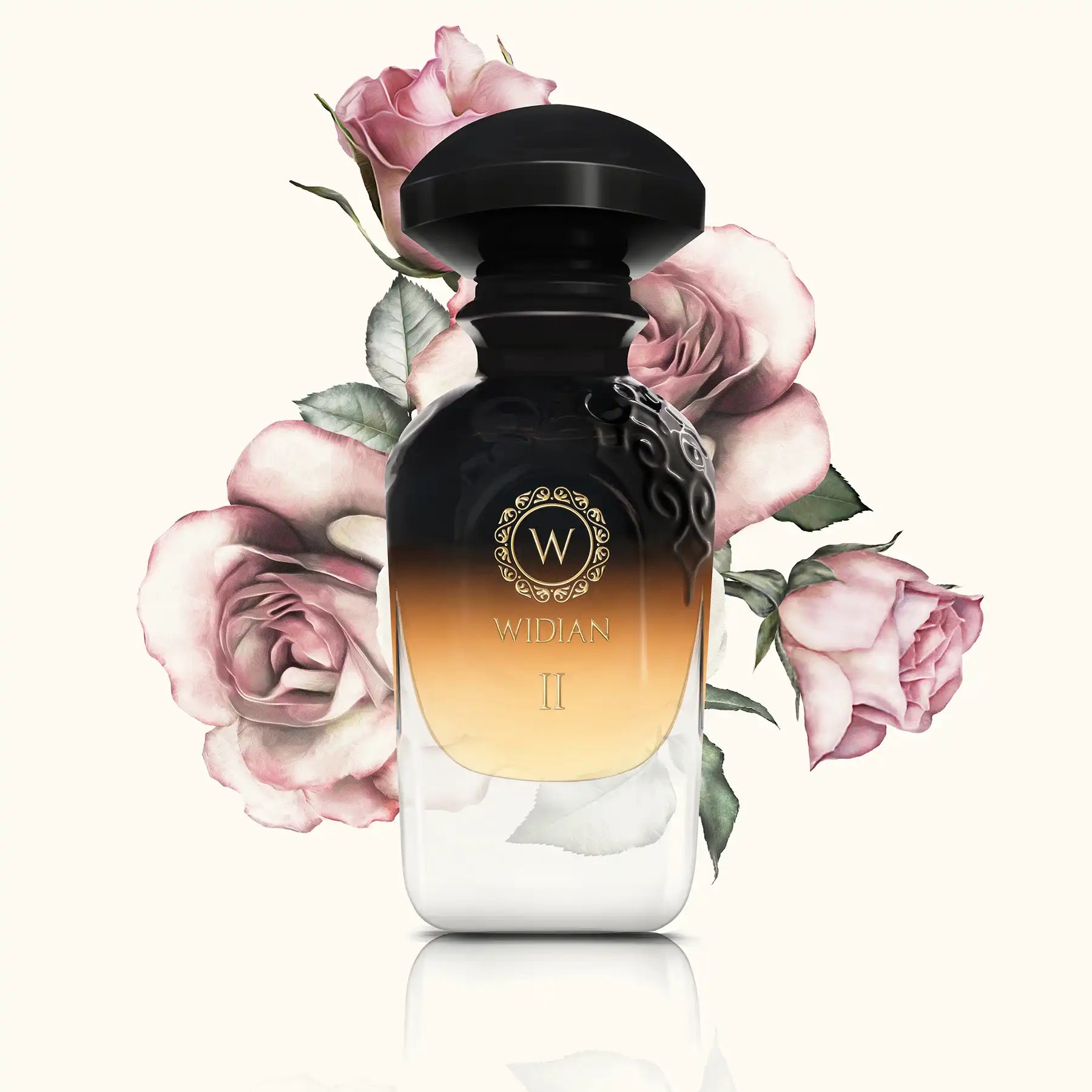 Black II Eau de Parfum by Widian, 50ml gradient black-to-clear bottle with roses in background