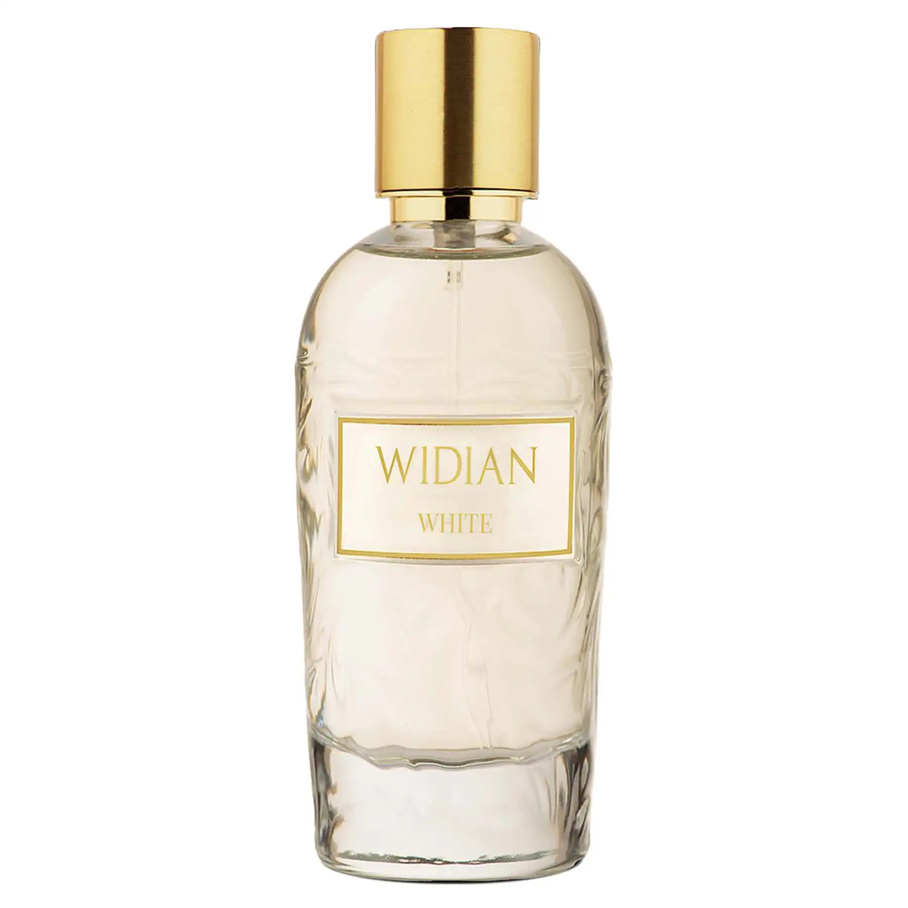 Rose Arabia White Eau de Parfum by Widian, 100ml clear bottle with textured detailing and gold cap