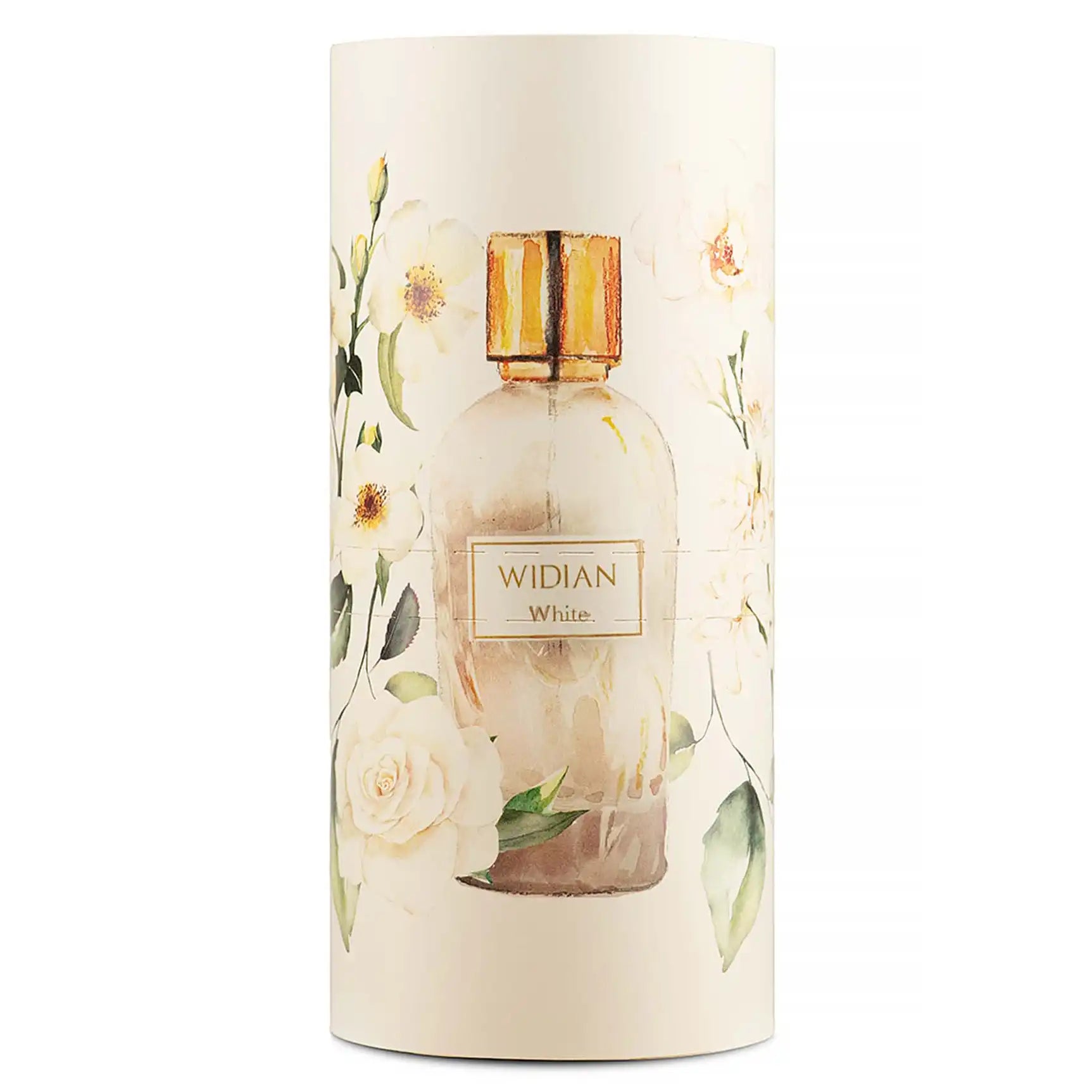 Rose Arabia White Eau de Parfum by Widian, 100ml clear bottle with floral box packaging and gold cap