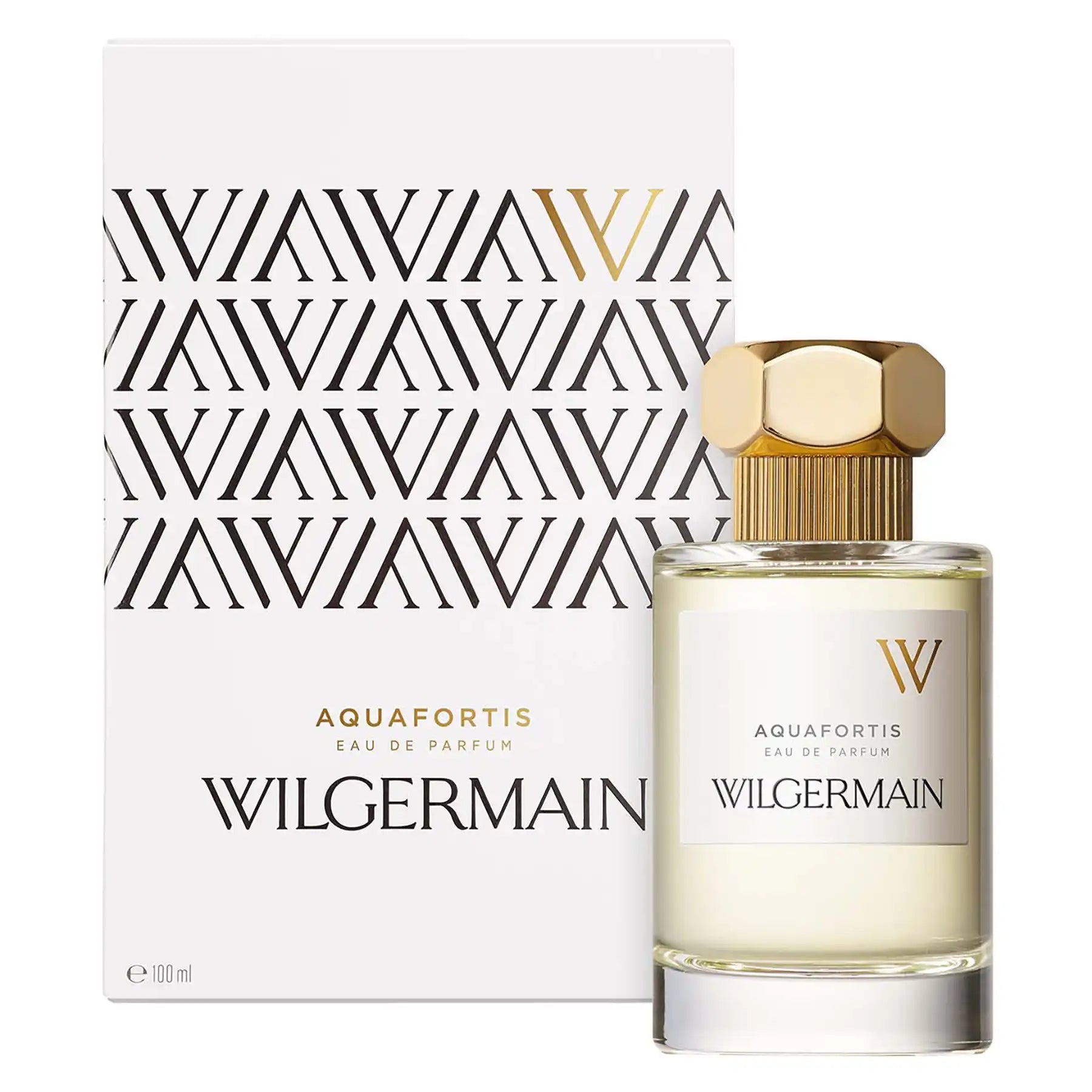 Aquafortis Eau de Parfum by Wilgermain, 100ml clear bottle with patterned box packaging and geometric gold cap