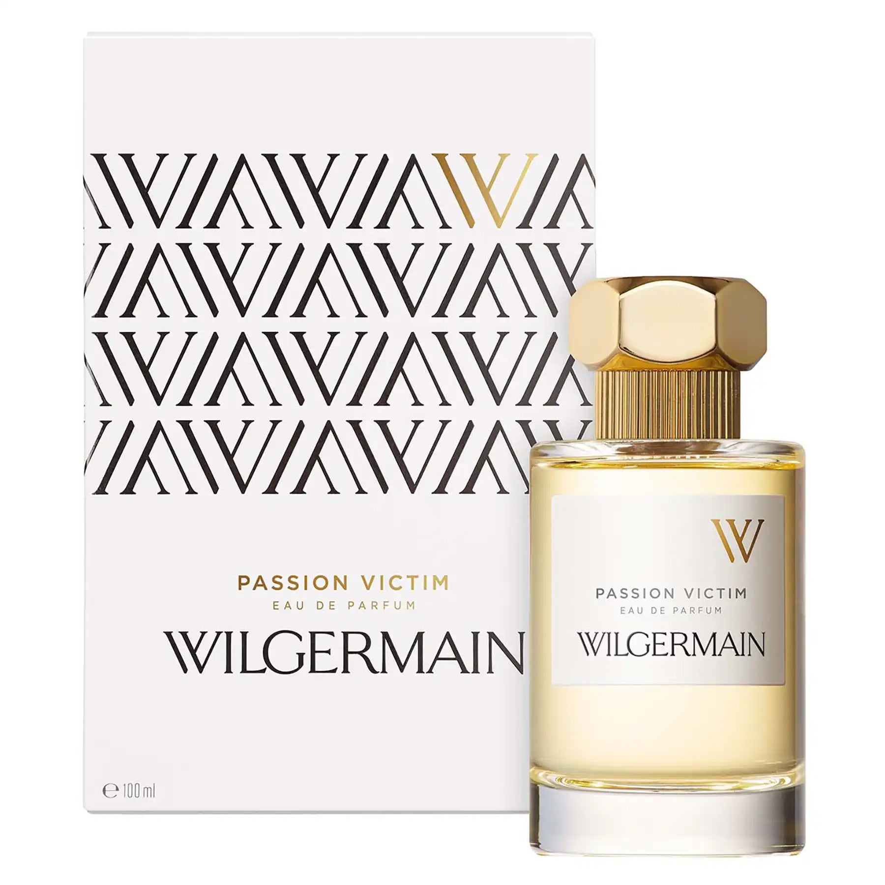 Passion Victim Eau de Parfum by Wilgermain, 100ml clear bottle with patterned box packaging and geometric gold capl