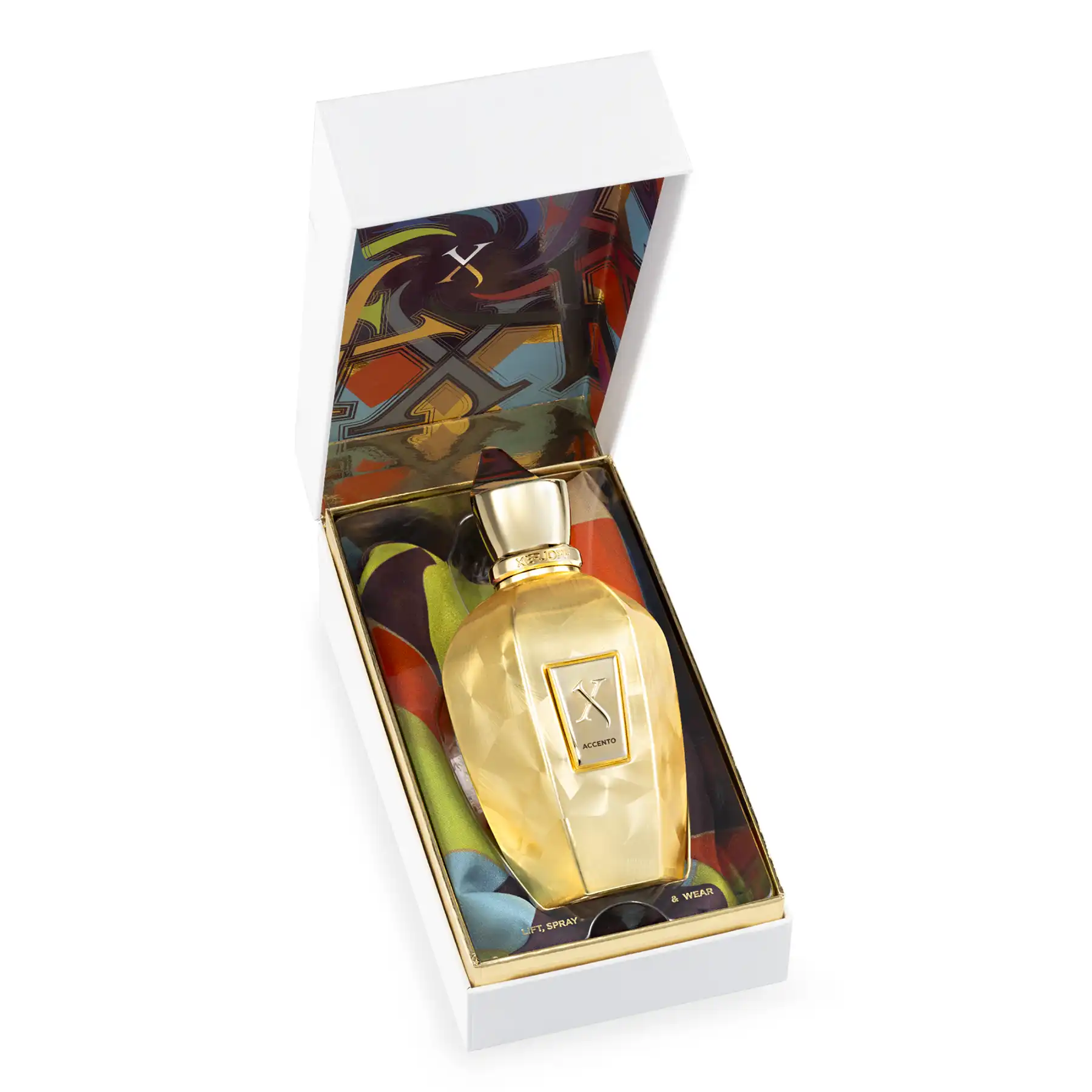 Accento Overdose perfume bottle in an open presentation box, showcasing the elegant gold packaging.