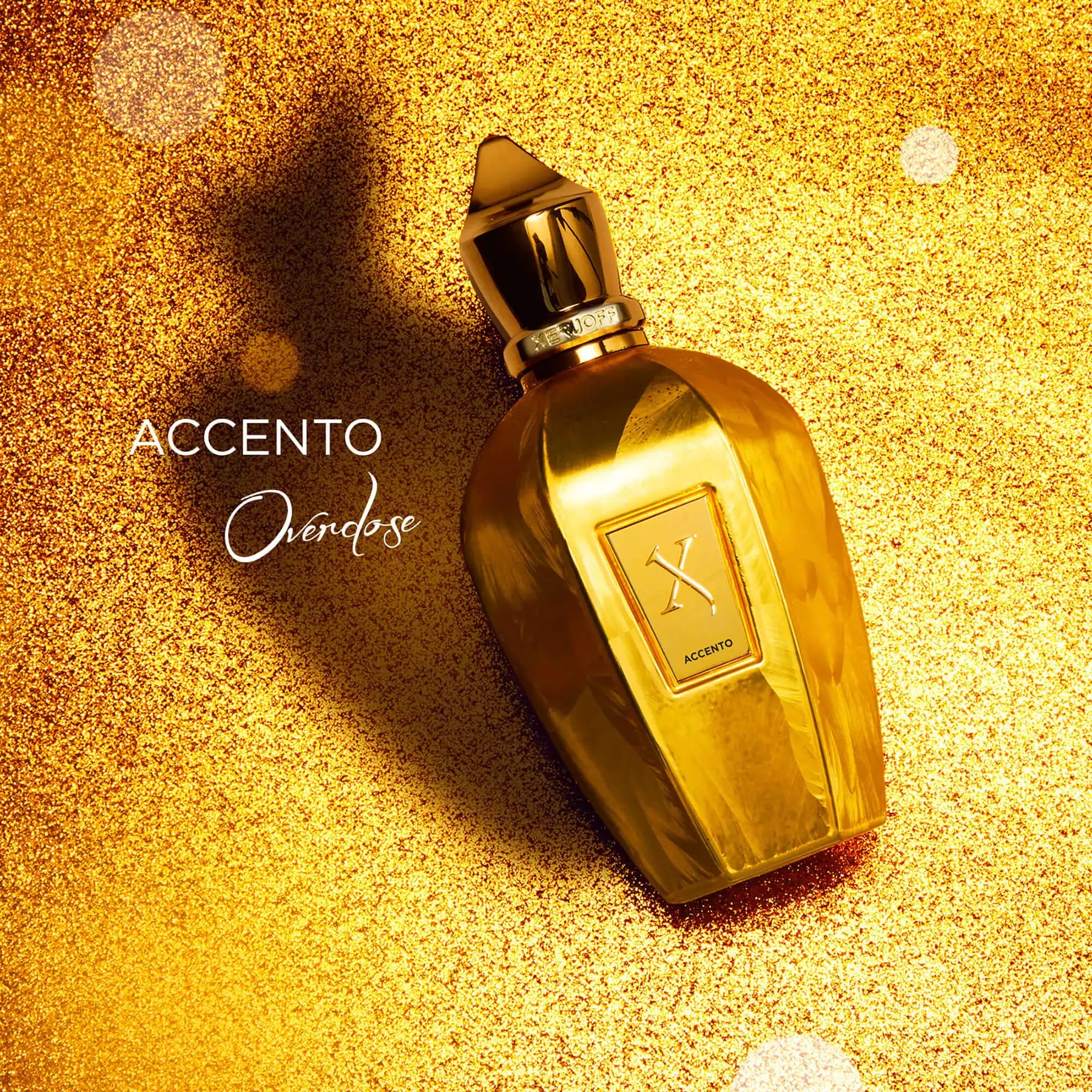 Accento Overdose perfume bottle against a gold, textured background with the text 'Accento Overdose'.