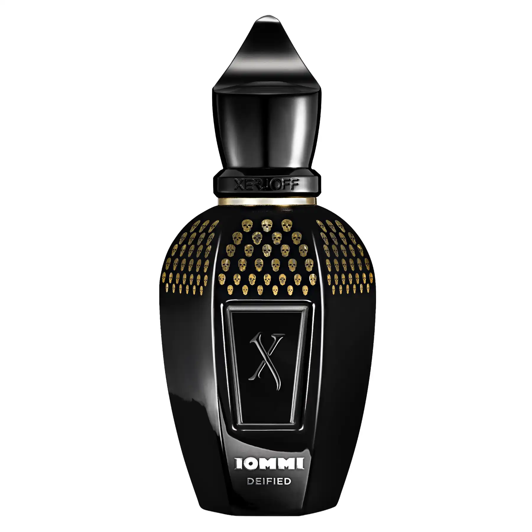 Tony Iommi Deified Parfum bottle with a dark and luxurious design, featuring intricate gold details.