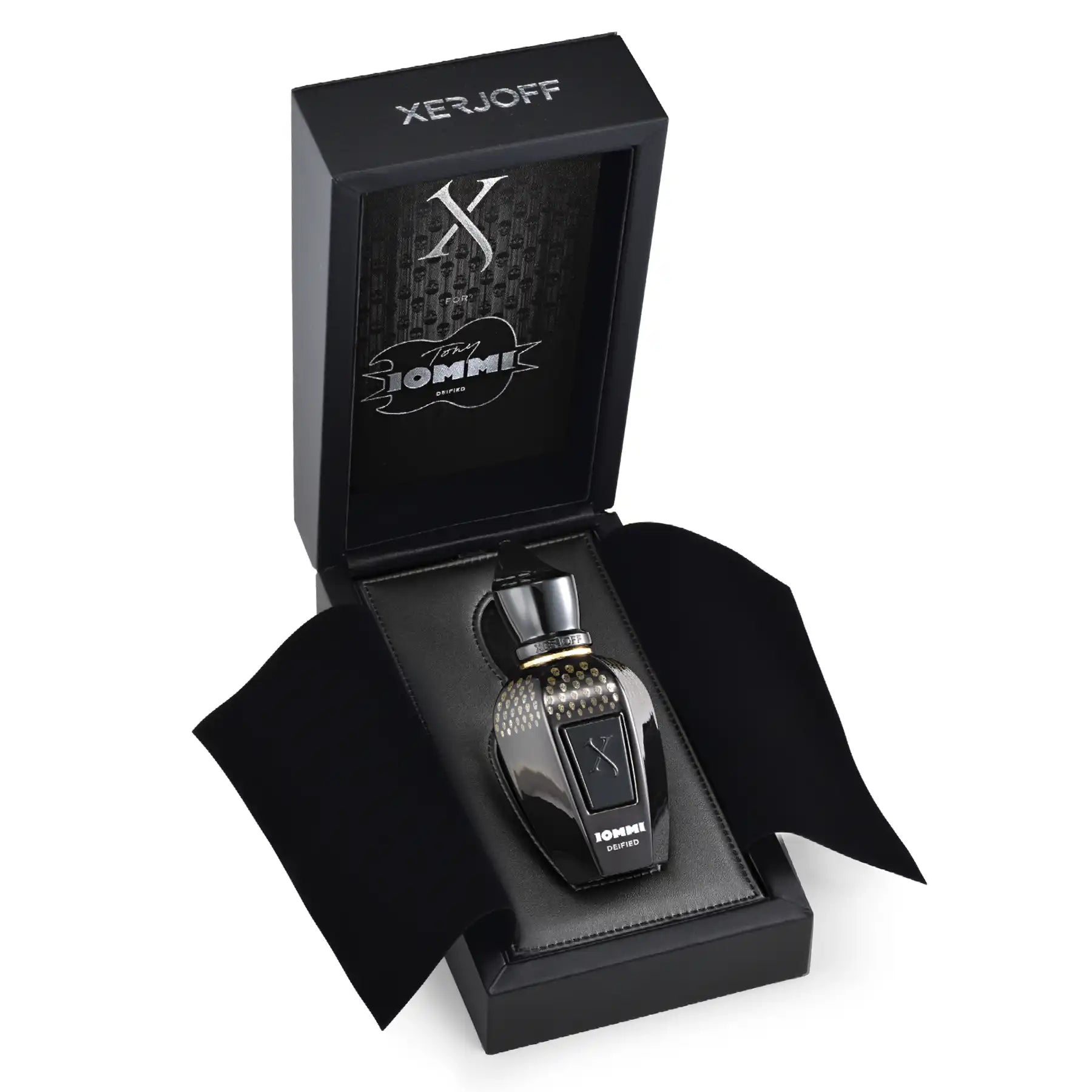 Tony Iommi Deified Parfum in an open presentation box, showcasing the sleek black and gold bottle.