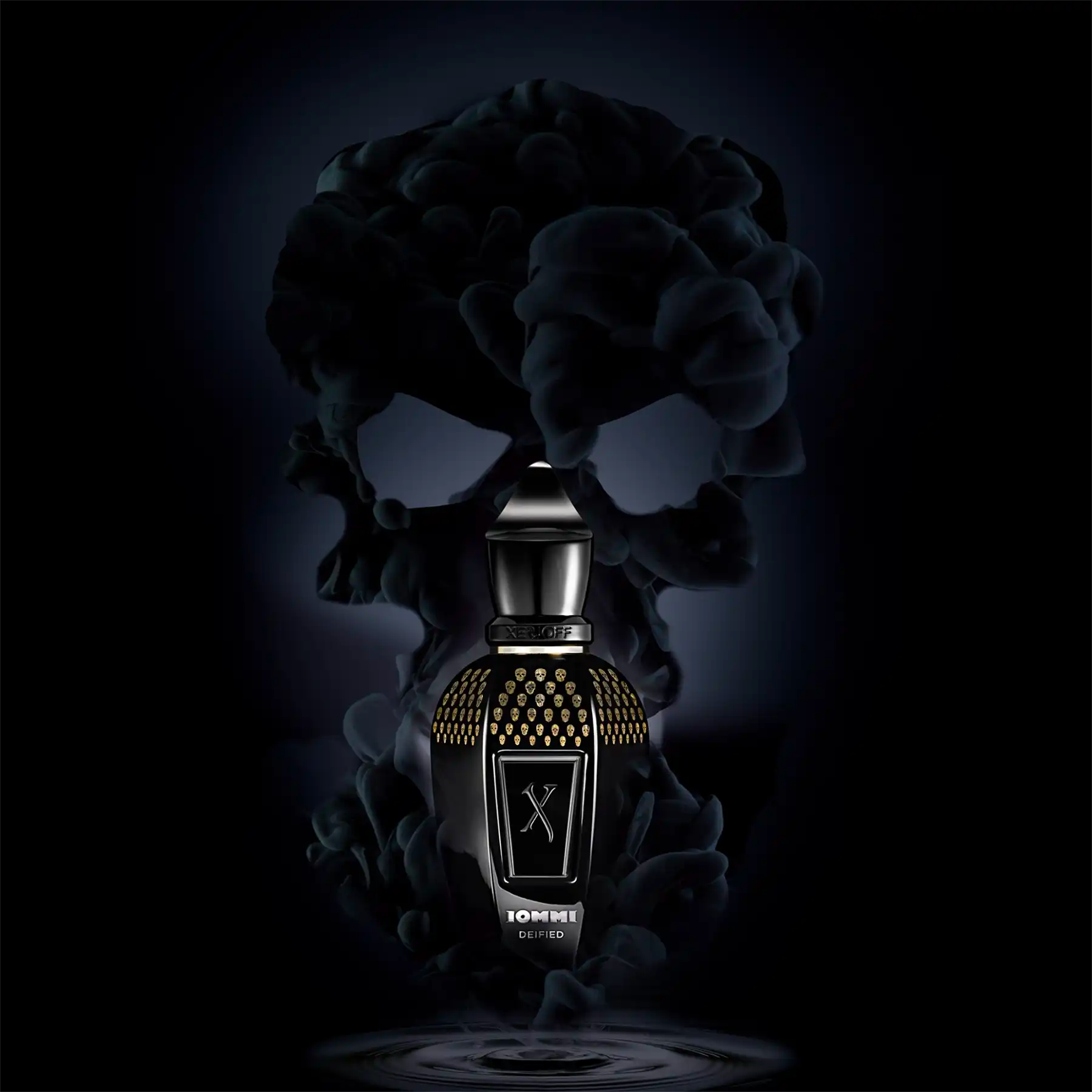 Tony Iommi Deified Parfum bottle against a dark, artistic background featuring a skull and roses.