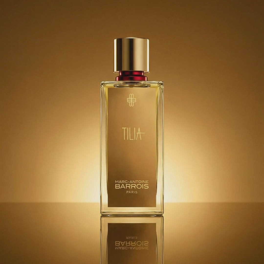 Marc-Antoine Barrois Tilia Eau de Parfum bottle on a warm gold background, shown in a short rotating animation